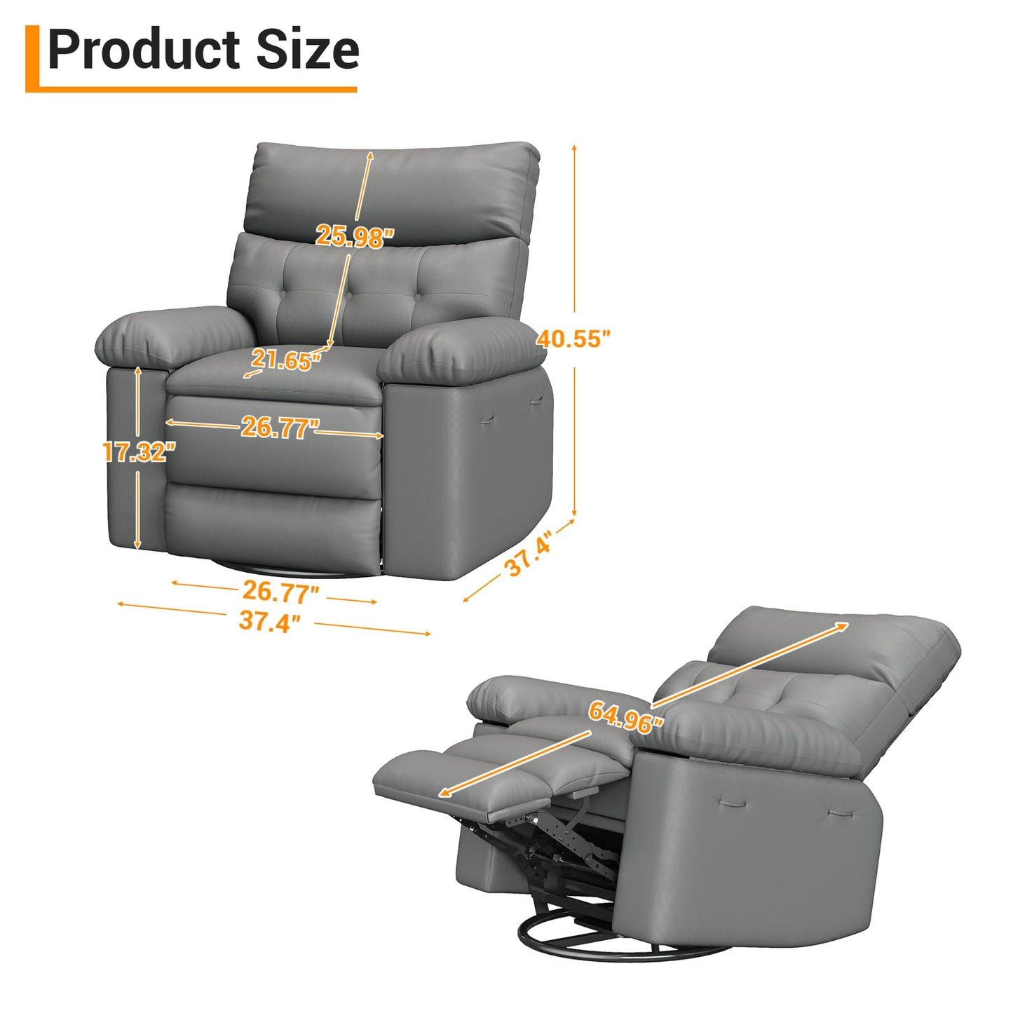 Oversized Recliner Chair with Massage, PU Leather Ergonomic Power Swivel Rocker Recliner with Side Pocket & 1.5X Sponge Filling for Living Room, Nursery, or Bedroom, Grey