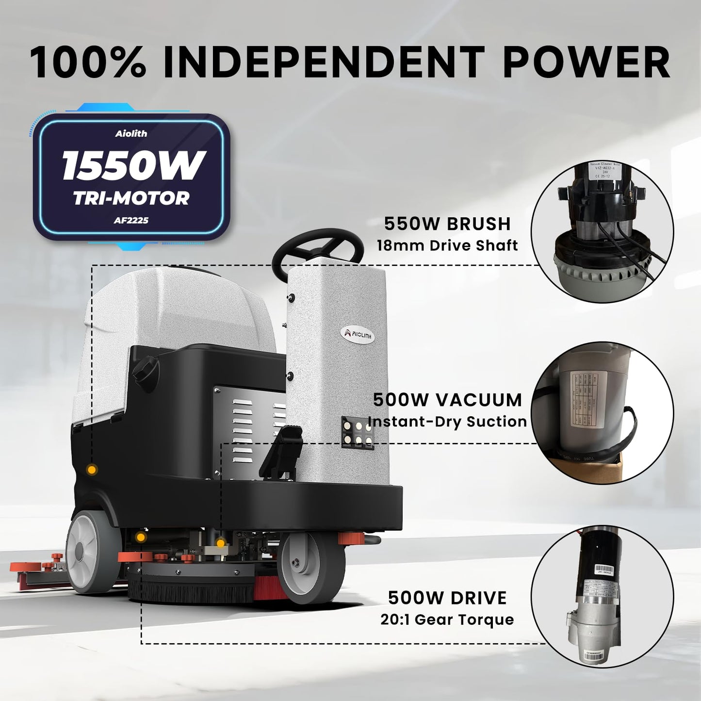 AIOLITH Micro Ride-On Floor Scrubber Dryer Kit, 22" Clean, 25 Gal, up to 55,000 ft²/h, Lithium Battery, Fast Charge, All Parts, Commercial Floor Cleaning for Daily Maintenance in Airport, Mall, School