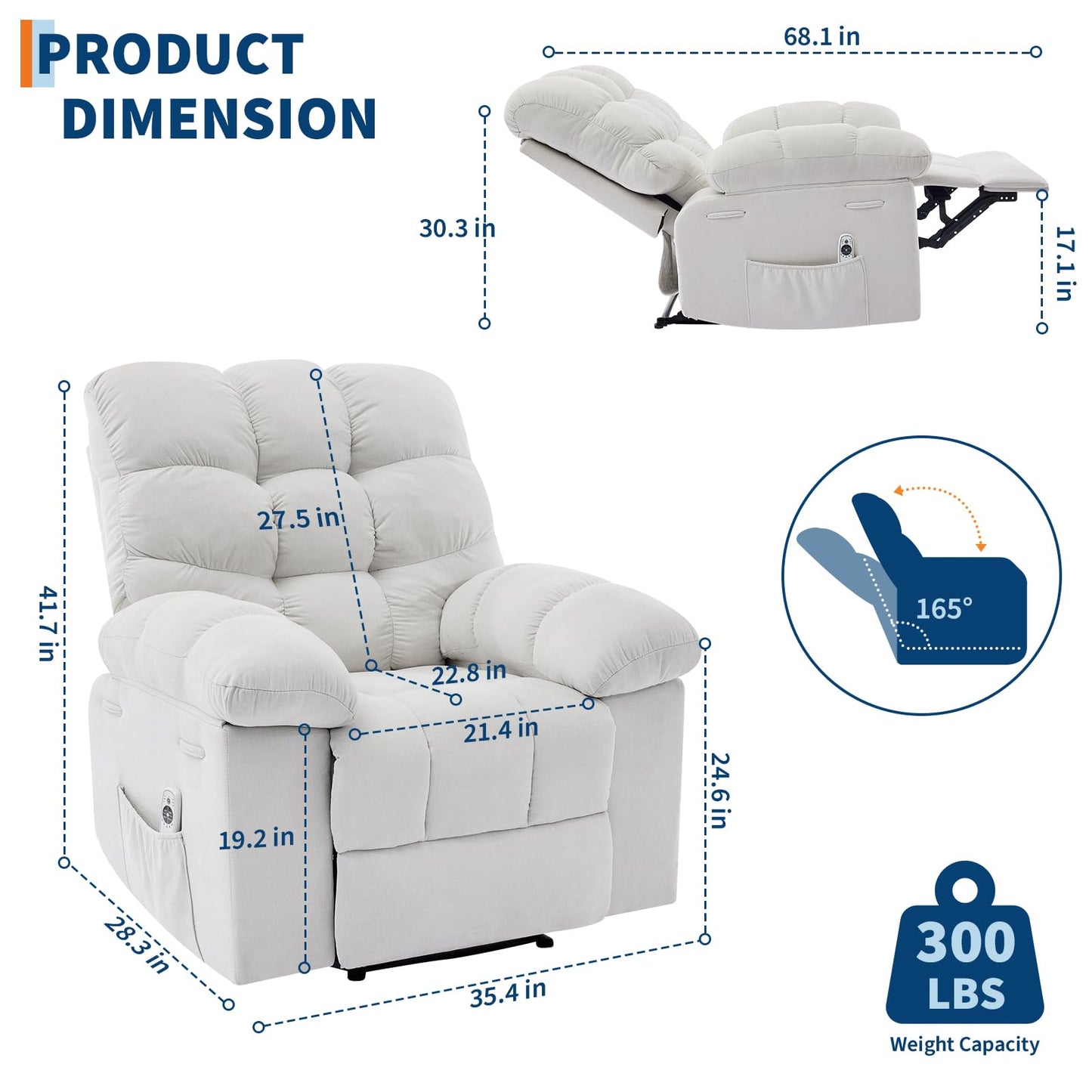 Garvee 21.4in Wide Recliner Chair,Massage & Heat Recliner Chair for Adults,Home Theater Seating with Lumbar Support,Ergonomic Breathable Fabric Nursery Rocking Chairs for Living Room