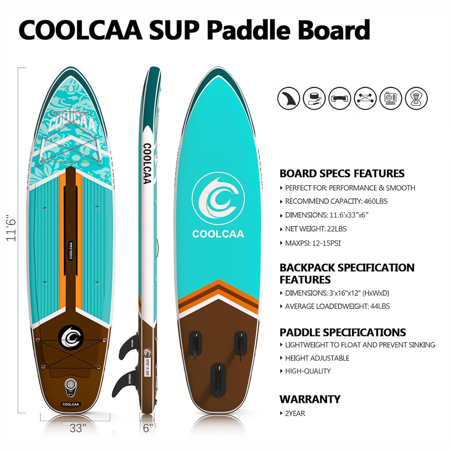 COOLCAA Dolphin Lite 11'6 Inflatable Stand-Up Paddle Board, 490Lbs Capacity SUP Board with 33'' Extra Wide, Fishing Paddleboard with Accessories & Bag for Adults Youth (Turquoise Coast)