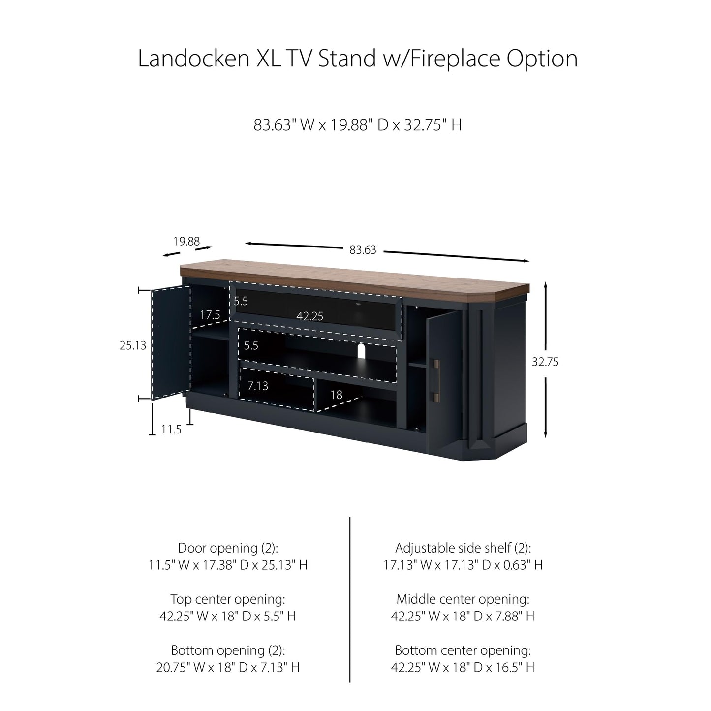 Signature Design by Ashley Landocken Contemporary 83" TV Stand for TVs up to 95" with Fireplace Option, 2 Cabinets, 2 Doors, 2 Adjustable Shelves, Open Cubbies and Cord Openings, Dark Brown & Blue
