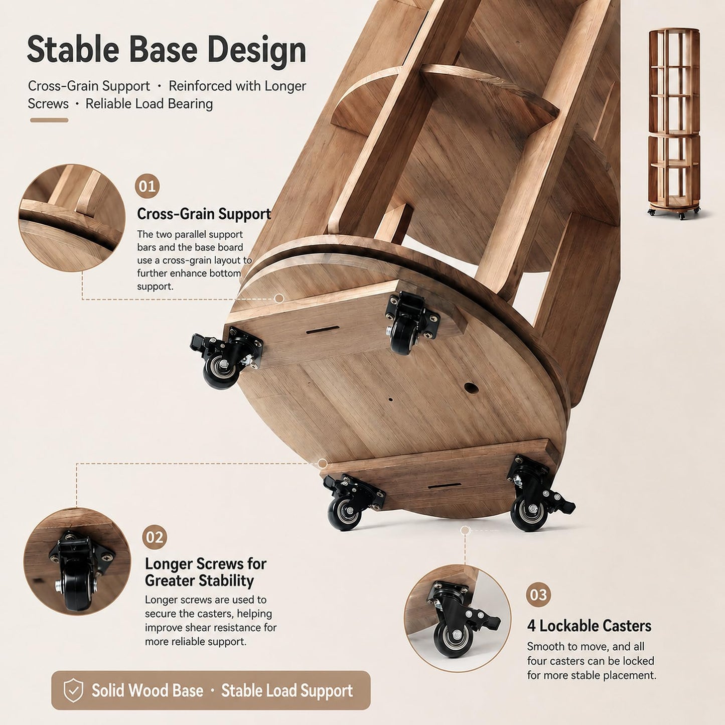 stianqhua Larger Solid Wood Rotating Bookshelf Tower with Casters (5-Tier)