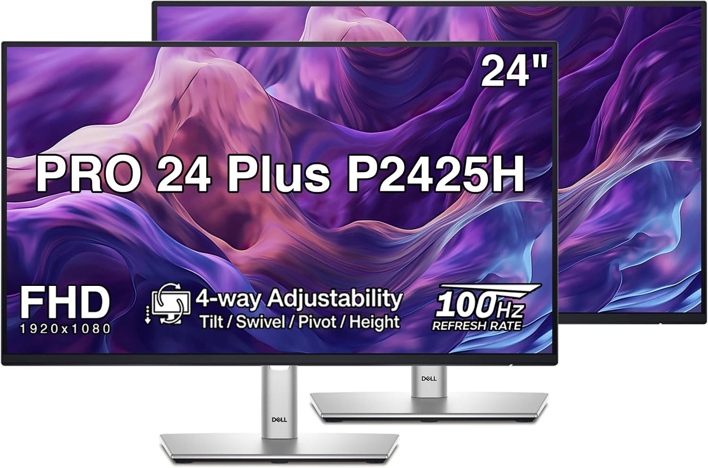 Dell PRO 24 Plus 24" FHD IPS Monitor with 4-Way Adjustability - Tilt/Swivel/Pivot/Height, Anti-Glare, Flicker Free, 250 nits Brightness, VESA Mount, Displayport, HDMI, Black/Silver (P2425H) 2 Pack