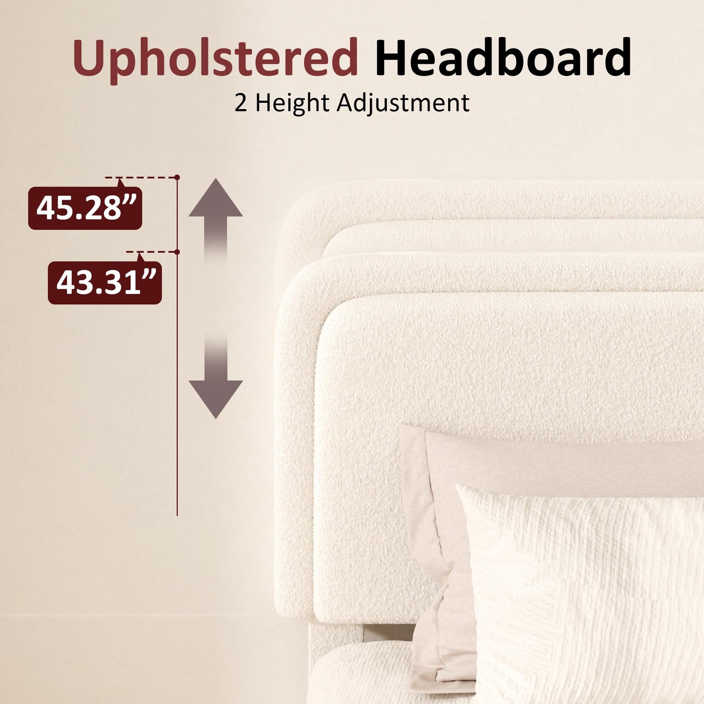 Vcooved Queen Boucle Platform Bed Frame with Height Adjustable Headboard, Modern Upholstered Cloud Bed, Sleek Curved Design, No Box Spring Needed, Noise Free, Easy Assembly, Beige