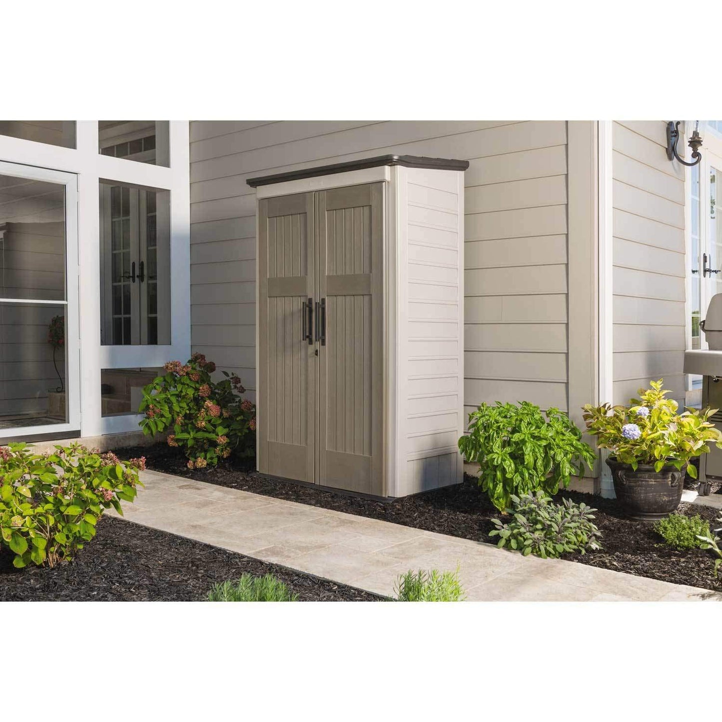 Rubbermaid Vertical Resin Outdoor Storage Shed With Floor (4 x 2.5 Ft) Weather Resistant Beige/Brown Organization for Home/Backyard/Pool Chemicals/Toys/Garden Tools/Porch/Patio Cushions