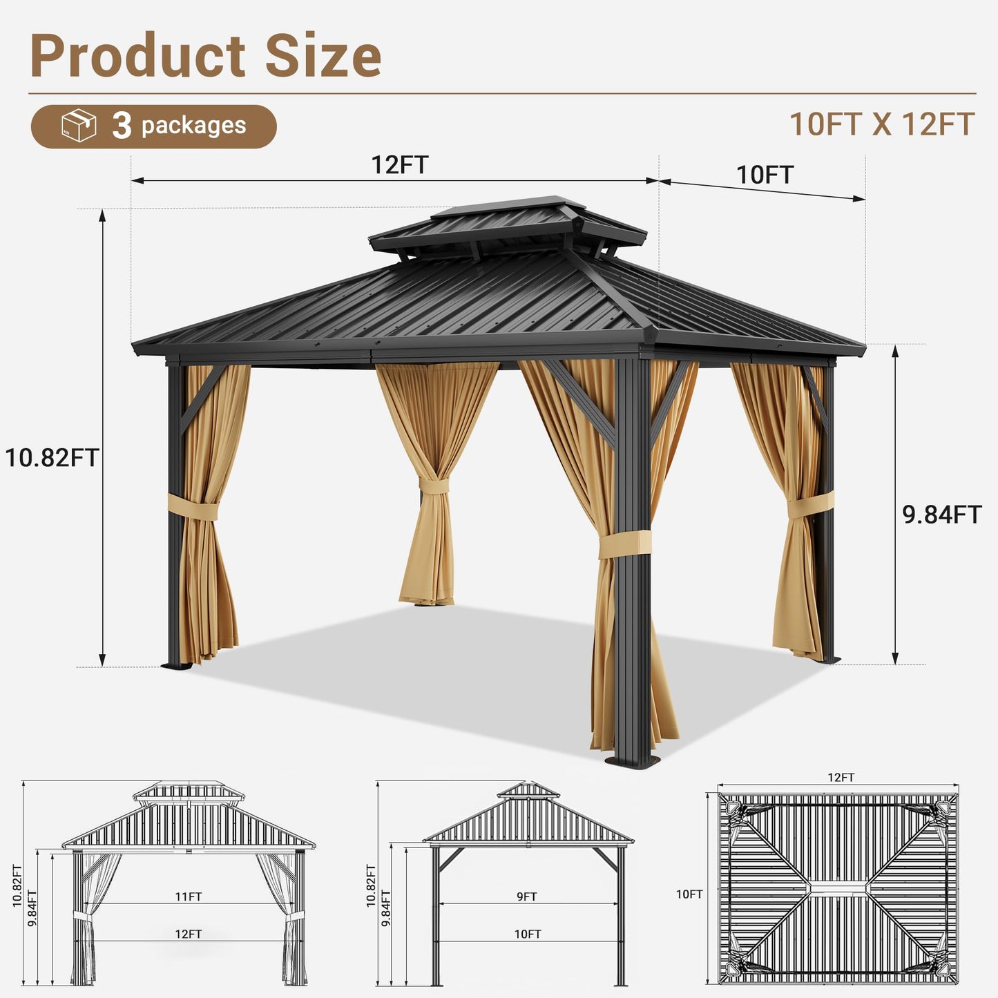 10x12FT Hardtop Gazebo, Heavy-Duty Aluminum Frame Canopy with Galvanized Steel Double Roof, Outdoor Pergola with Mosquito Netting & Waterproof Curtains for Patio, Backyard, Deck & Lawn