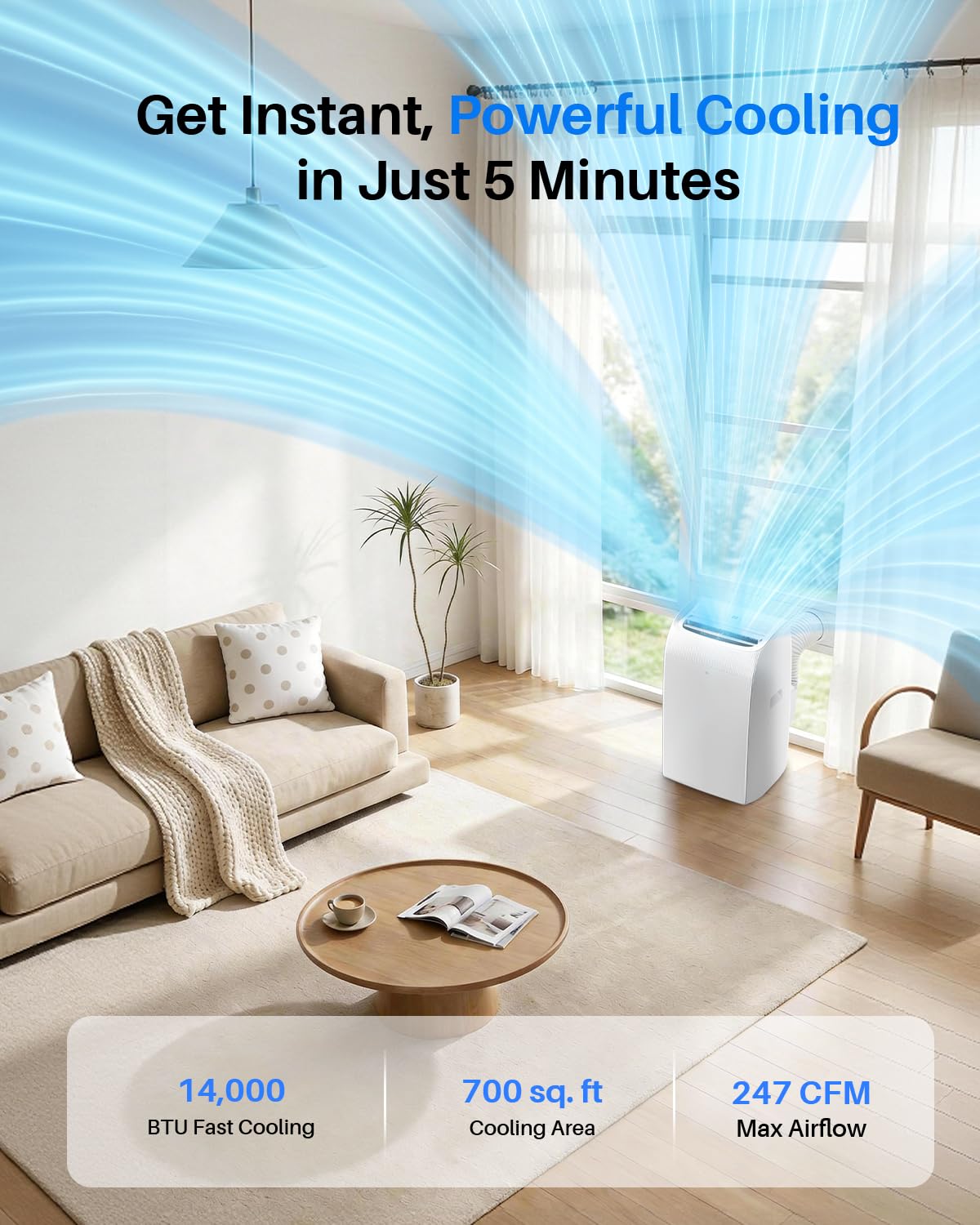 Feelfunn 14,000 BTU Portable Air Conditioner - Multi-Function Portable AC Unit Cools Up to 700 Sq. Ft., with Ultra-Quiet(42db), Auto Swing, 24H Timer, AC Unit for Bedroom, Dorm, Apartment