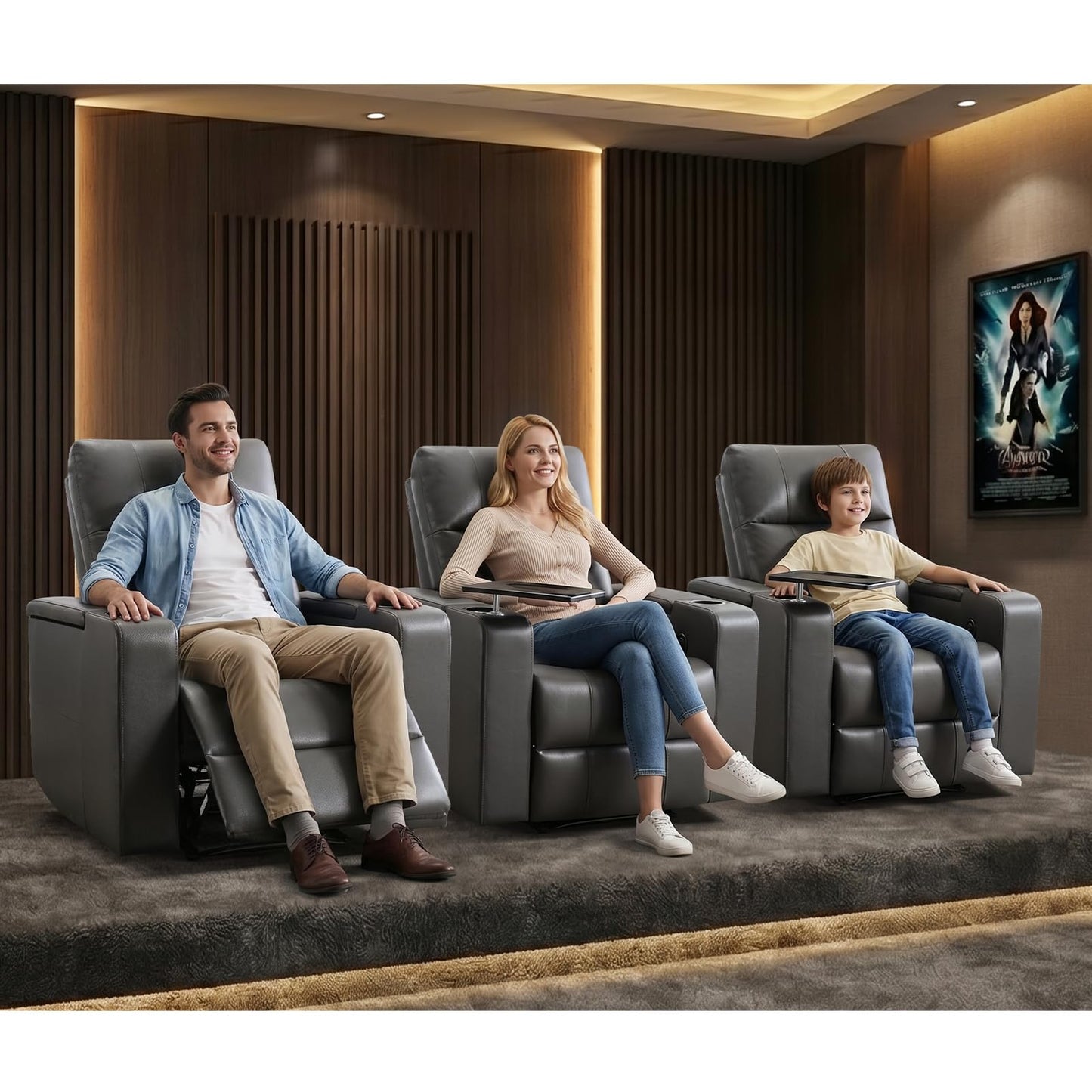 ANJ Home Theater Seating Power Recliner with Hidden Arm Storage, Single Faux Leather Recliners with Tray Table, Electric Movie Reclining Chairs with USB Ports & Cup Holders for Media Room, Grey