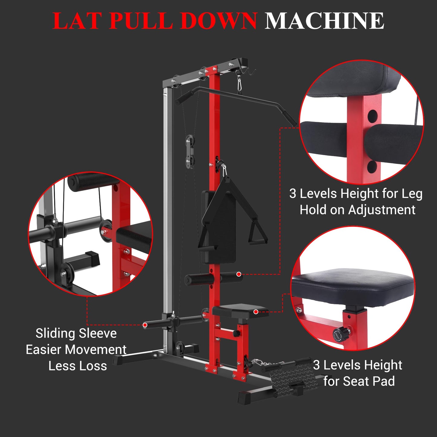 CABIHOME LAT Power Cable Machine - Adjustable Leg Support LAT Pull Down Machine with High & Low Pulley for Home Gym Back Strength Training，Black & Red