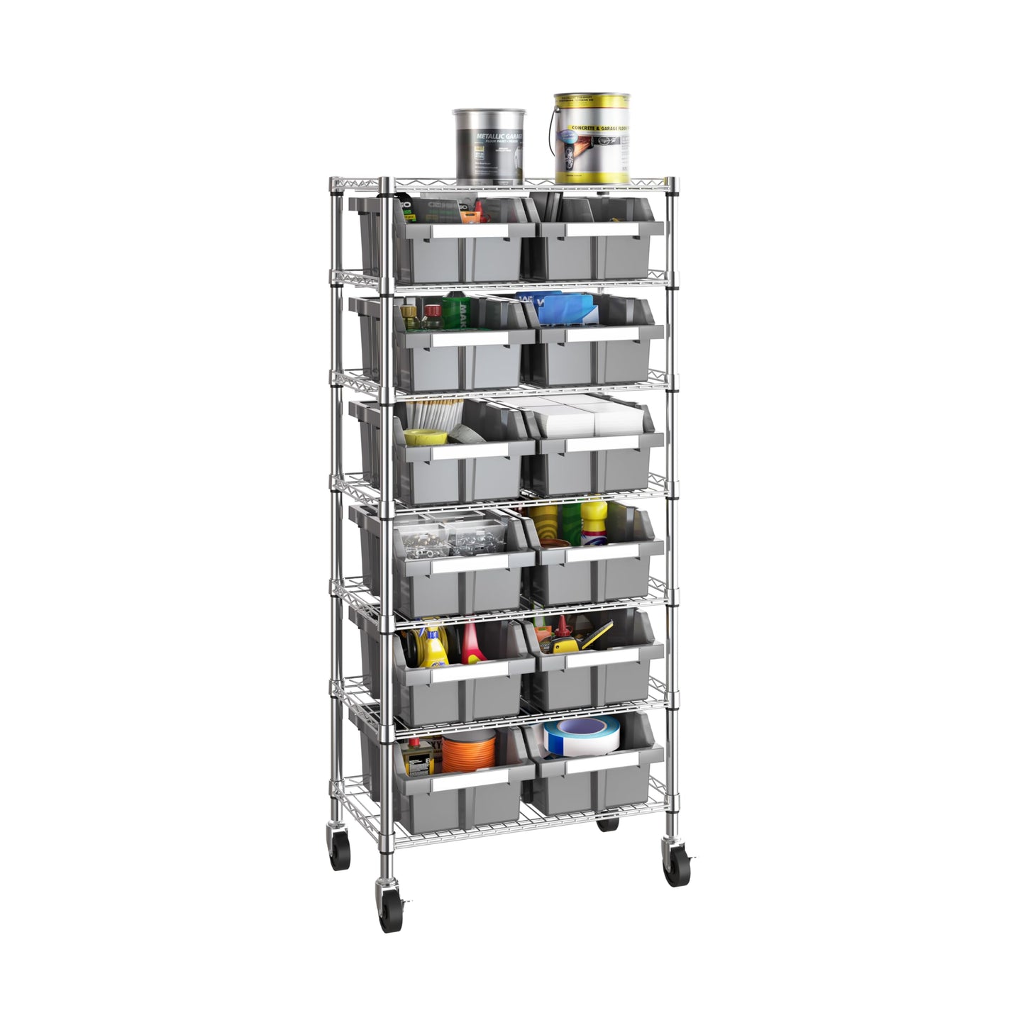 7-Tier NSF 12-Bin Steel Wire Shelving Rack, 25"W x 14"D x 56"H, Gray
