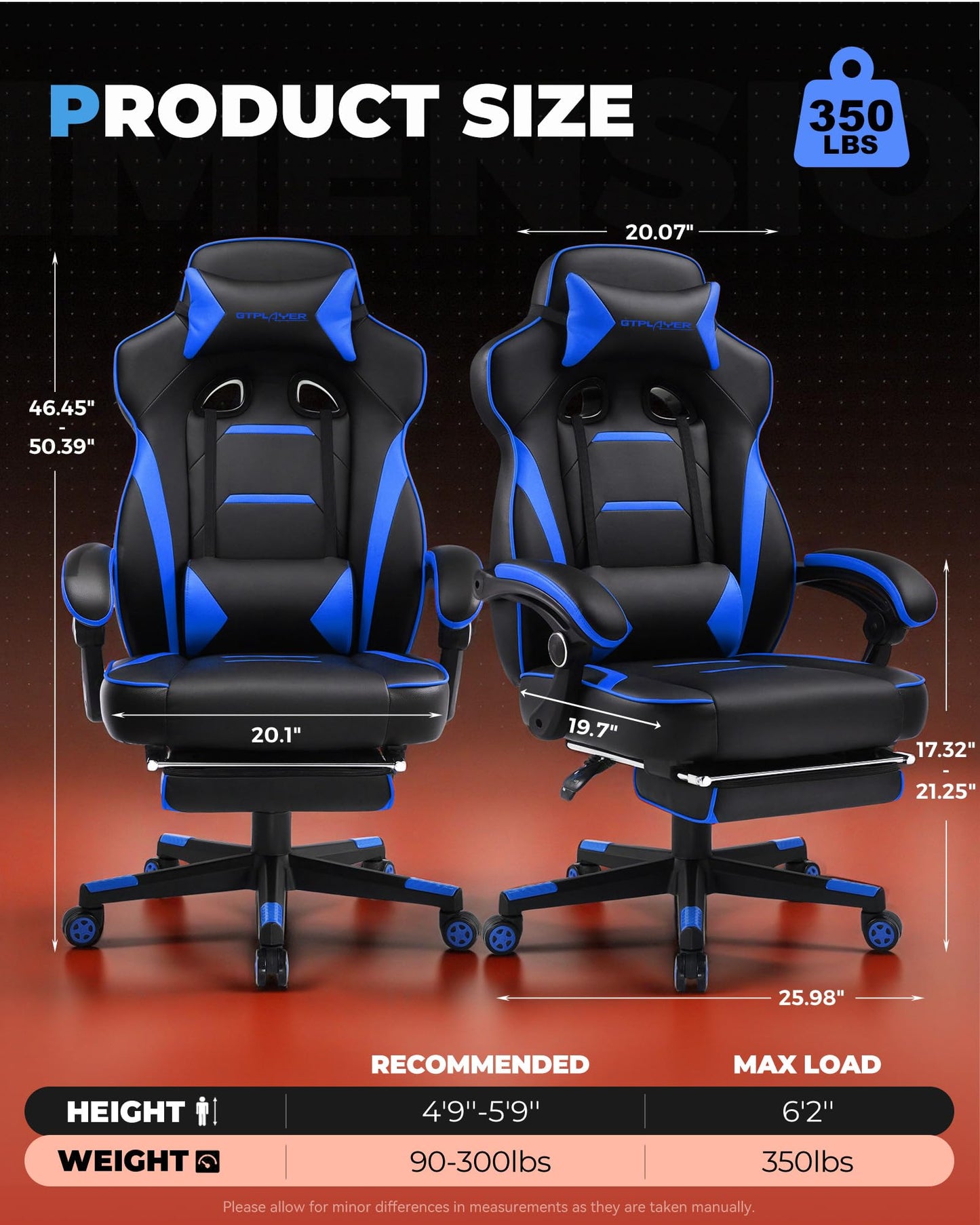 GTPLAYER Gaming Chair with Footrest, Big and Tall Game Chair 350lb Racing Style Computer Chair, Ergonomic Executive Office Chair High Back with Lumbar Support and Recliner, Blue