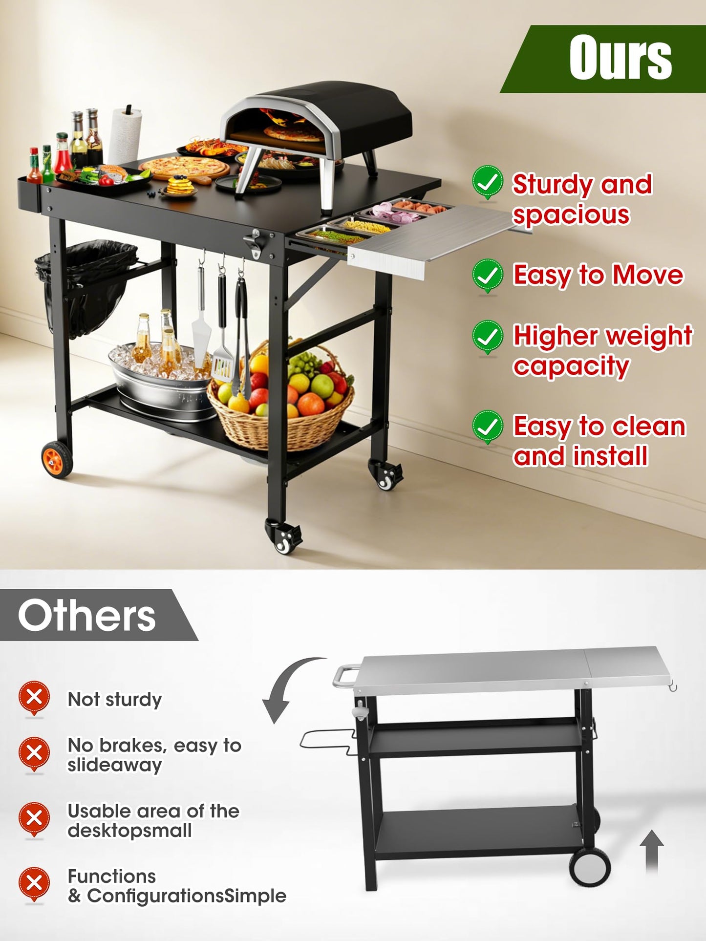 Outdoor Pizza Oven Table, Movable Grill Side Table, Expansive Countertop Pizzas Oven Accessories, Pizzas Stands for Party with Wheels, Fits Ooni Blackstone Ninja Cuisinart Gozney