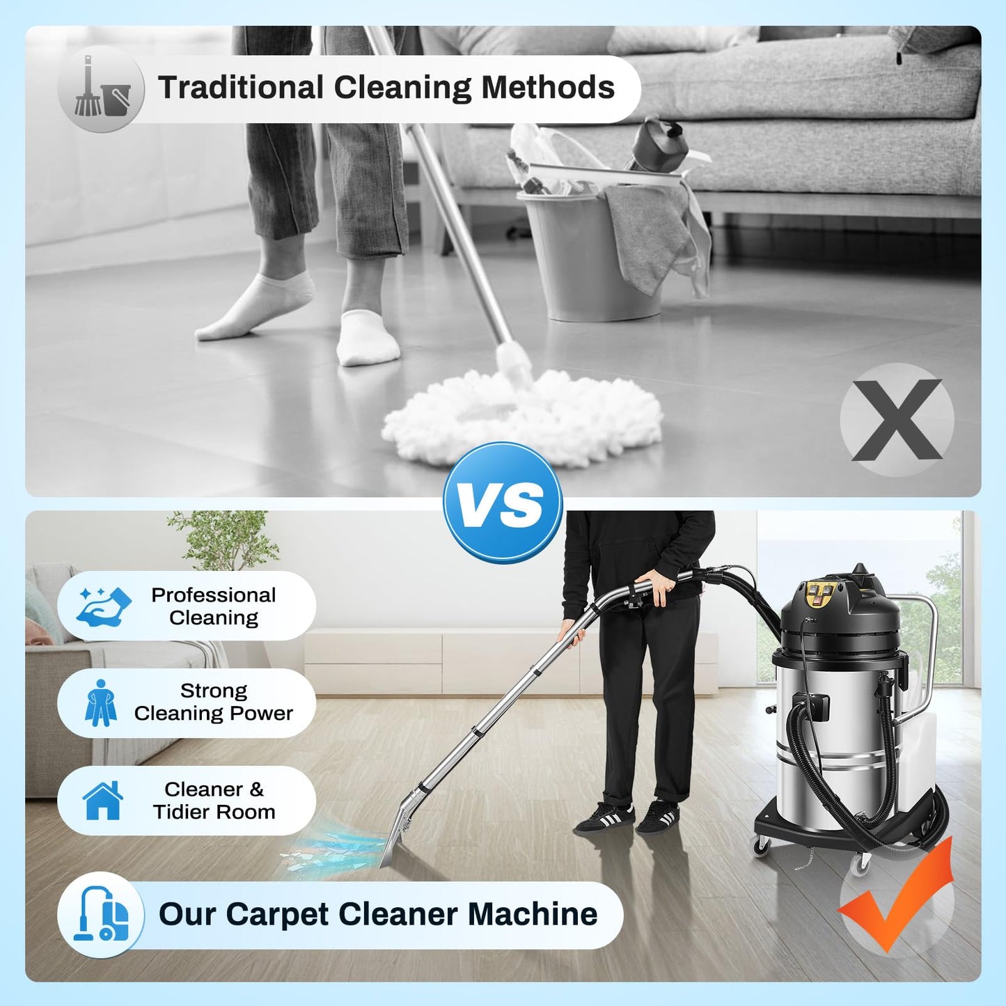 HUASSION 60L/15.85Gal Commercial Carpet Cleaner Machine, 2110W 3 in 1 Wet Dry Vacuum Cleaner, Carpet Extractor Machine with 6 Tools, Heavy Duty Floor Cleaning Machine for Home, Office, Hotel