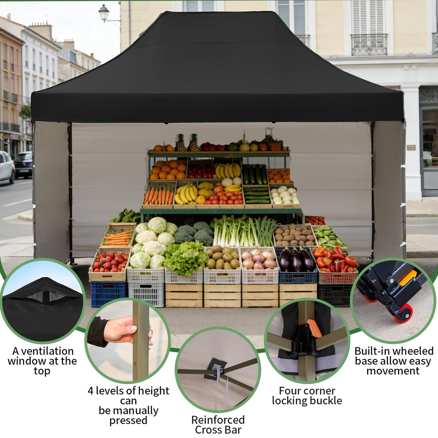10x15 Heavy Duty Pop Up Canopy Tent, Outdoor Commercial Easy Up Canopy Outdoor Party Tents with 3 Removable sidewalls and Wheeled Bag for Events, Parties, Weddings(Black)