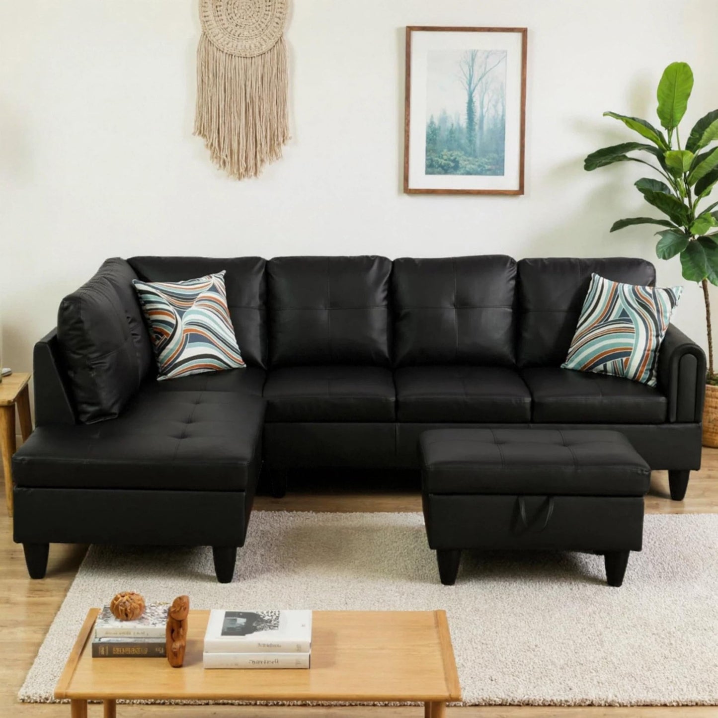 Trygoal L-Shaped Sectional Sofa with Movable Chaise & Storage Ottoman, Leather 3-Piece Modular Convertible Couches for Living Room, Apartment & Office, Glossy Black
