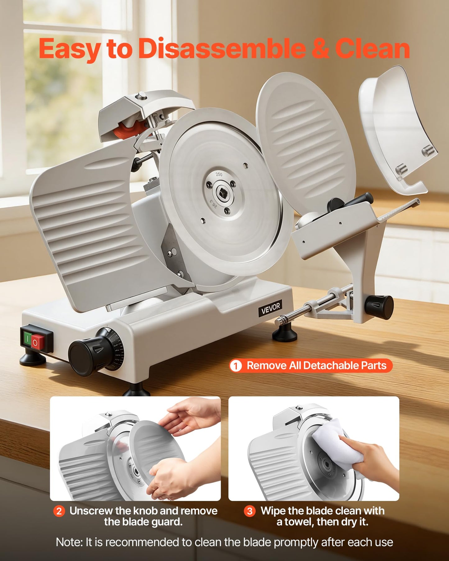 VEVOR Commercial Meat Slicer, 300W Electric Cutter, Removable 10" Carbon Steel Blade and Food Tray, 0-0.47" Adjustable Thickness Food Slicer Machine,for Frozen Meat, Ham, Baguett, Steak, ETL Approved