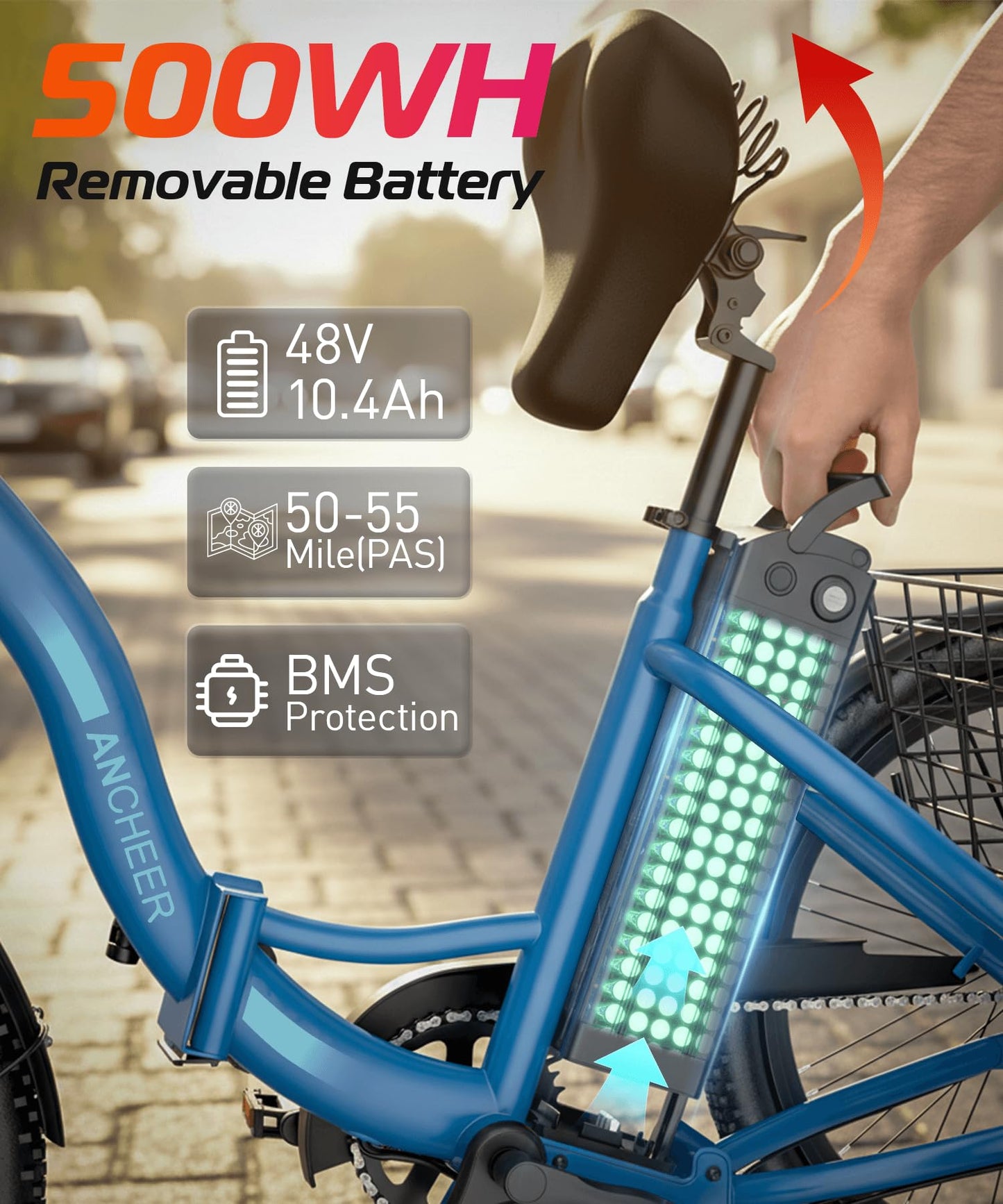 ANCHEER Electric Tricycle for Adults, Peak 600W Folding Electric Trike, 24" 499Wh Ebike for Seniors, 15.5MPH Electric Bike, Removable Battery, 3 Wheel, LCD, Rear Differential, Basket (Blue)