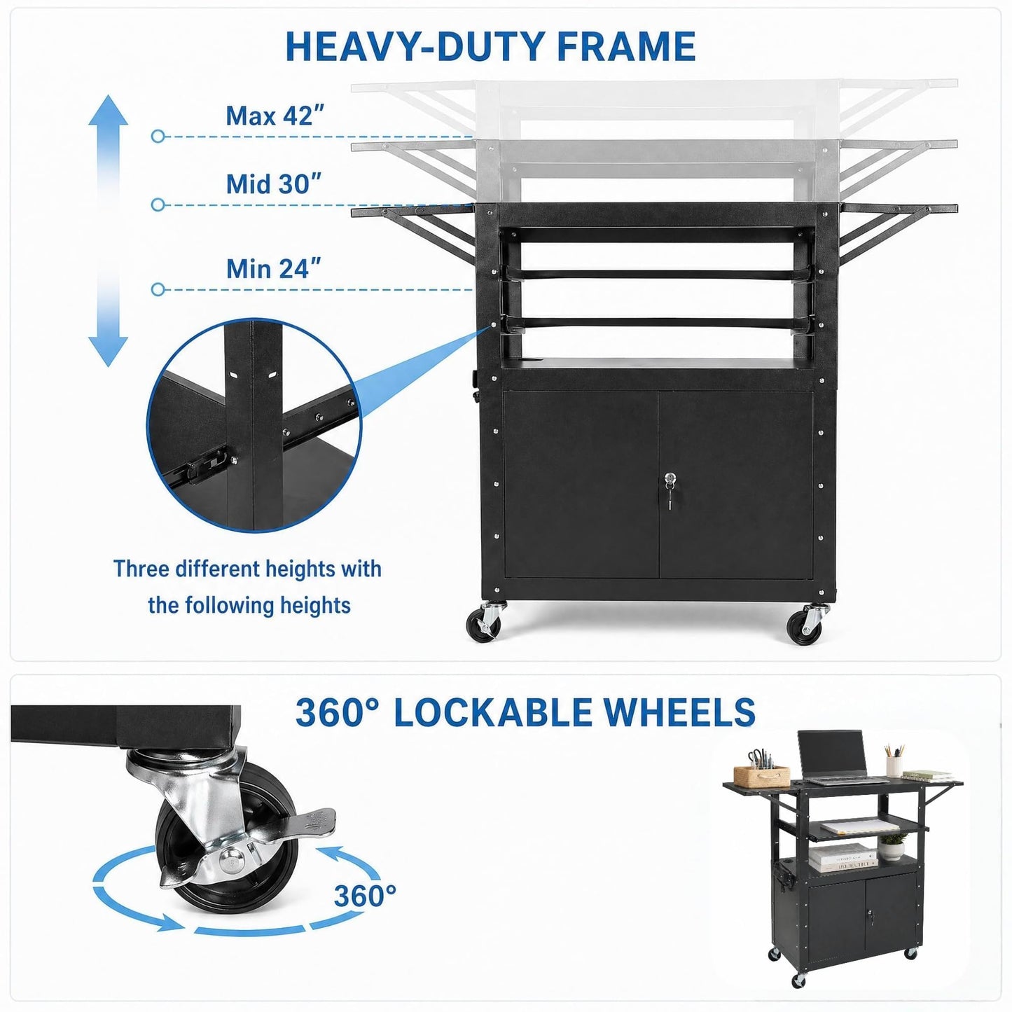 Rolling AV Cart with Locking Cabinet, Laptop Stand, and Drop Leaves, Height Adjustable Mobile Utility Cart Workstation with Extra Storage Space, Power Strip
