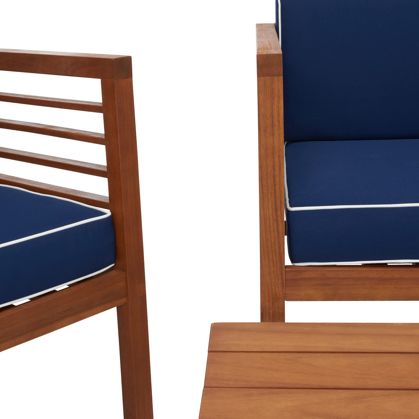 SAFAVIEH Outdoor Collection Alda Natural/Navy Cushion with White Piping 4-Piece Conversation Patio Set