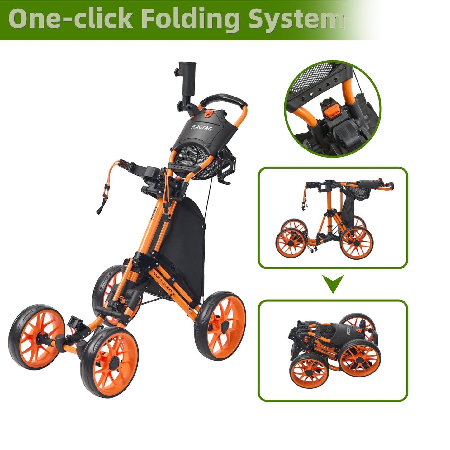 FLAGTAG Golf Push Cart 4-Wheels,Folding Golf Cart, Golf Pull cart with Cup Holder,Umbrella Holder,Cooler Bag, Foldable with one-Click,Handle Height Adjustable,Drink Holder,Walking Push cart