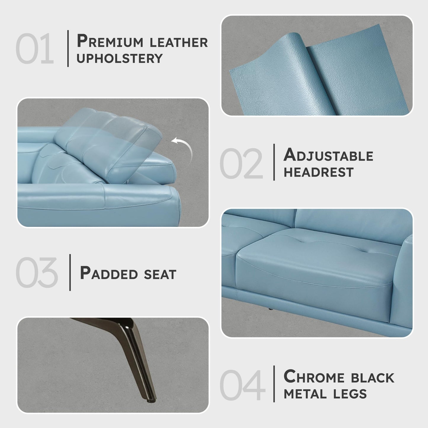 Lexicon L-Shaped Sectional Couch with Left Chaise, Top Grain Leather Match Sectional Sofa, Adjustable Headrests, Black Chrome Metal Legs, High-Density Cushions, Stitching, for Living Room, Blue