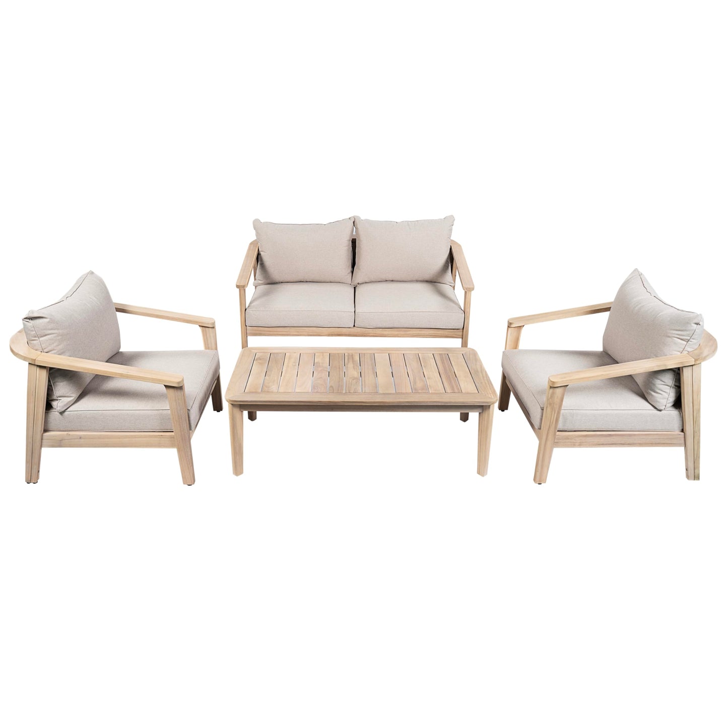 Christopher Knight Home Mayeo 4-Piece Acacia Wood Patio Furniture Set, Outdoor Conversation Sofa Set with Club Chair and Coffee Table, Patio Sectional Chat Set for Backyard Balcony, Light White+Beige