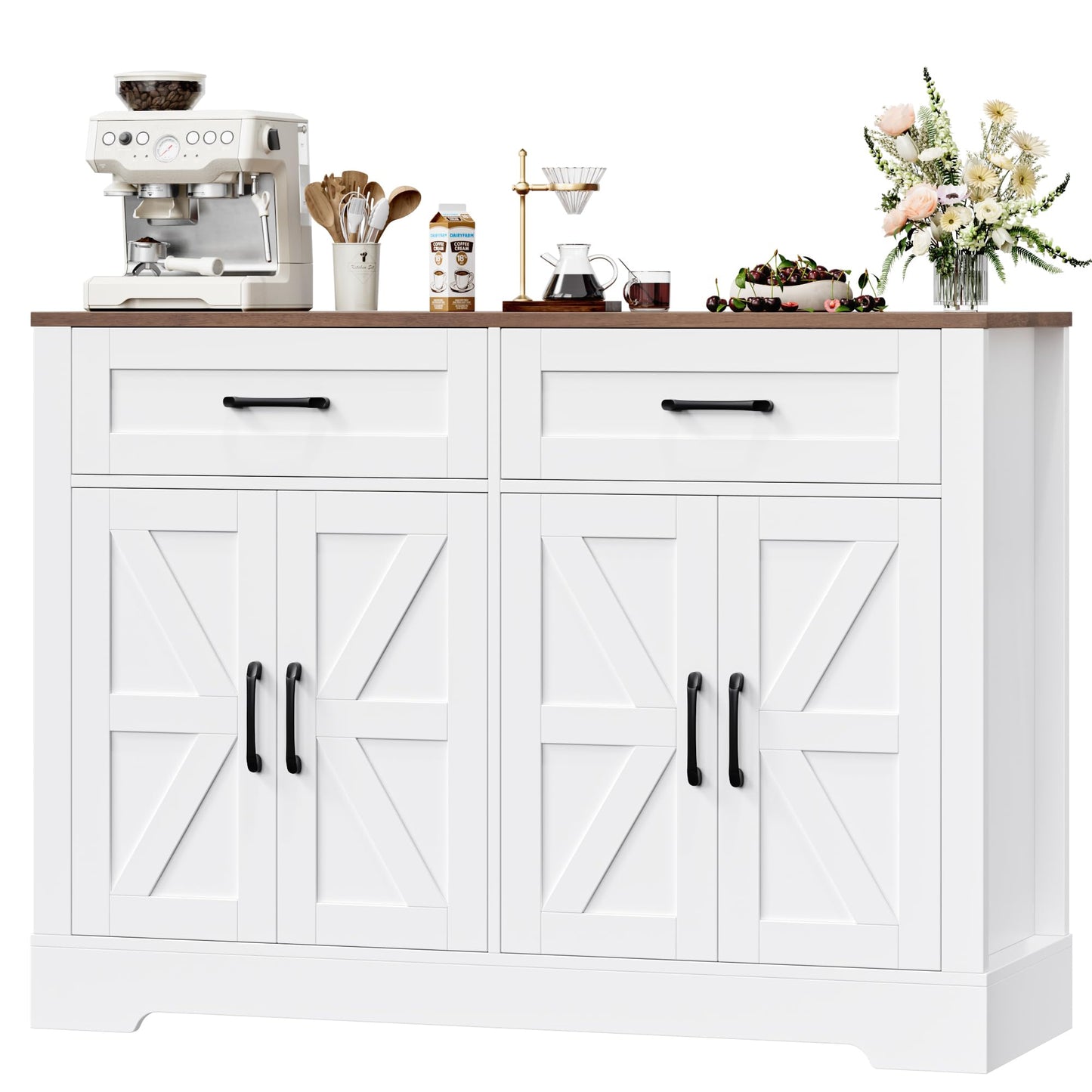 BOTLOG 47.2" Farmhouse Buffet Cabinet with Storage, Sideboard Cabinet with Drawers, Kitchen Storage Cabinet with Shelves for Living Room, Entryway, Rustic White