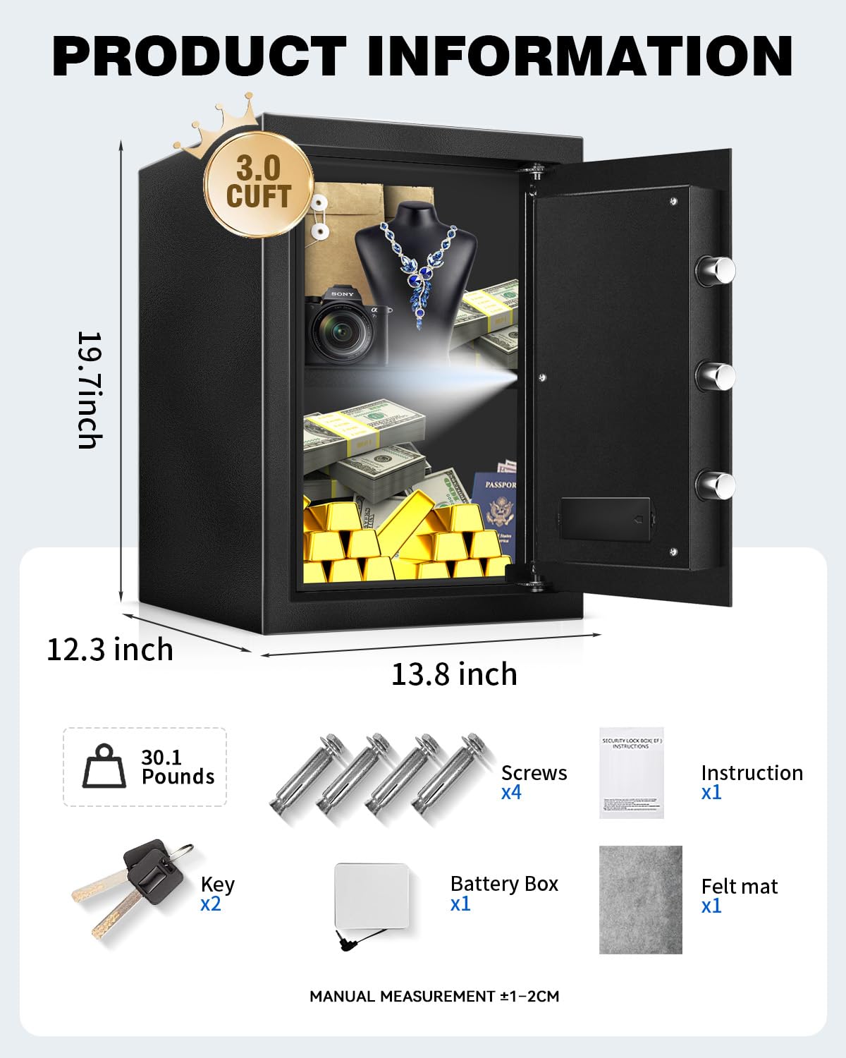 VaultHex Large Safe Box for Home - 3.0 CuFt Heavy-Duty Cabinet with Motion Light & Dual Alarm, Digital Keypad & Override Key, Removable Shelf - Spacious Black Safe for Documents, Laptops, and More