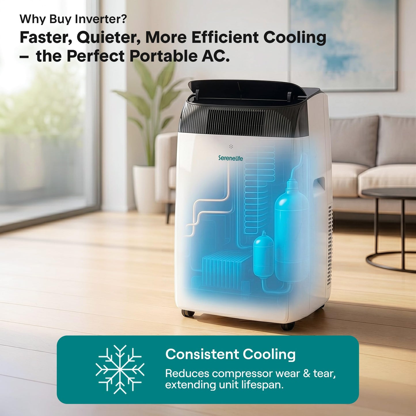 SereneLife 16,000 BTU Inverter Portable Air Conditioner with Dehumidifier, Heat, & Fan | Dual Hose, Wi-Fi Enabled Portable AC Unit | Compact Standing Air Conditioner with Window Kit