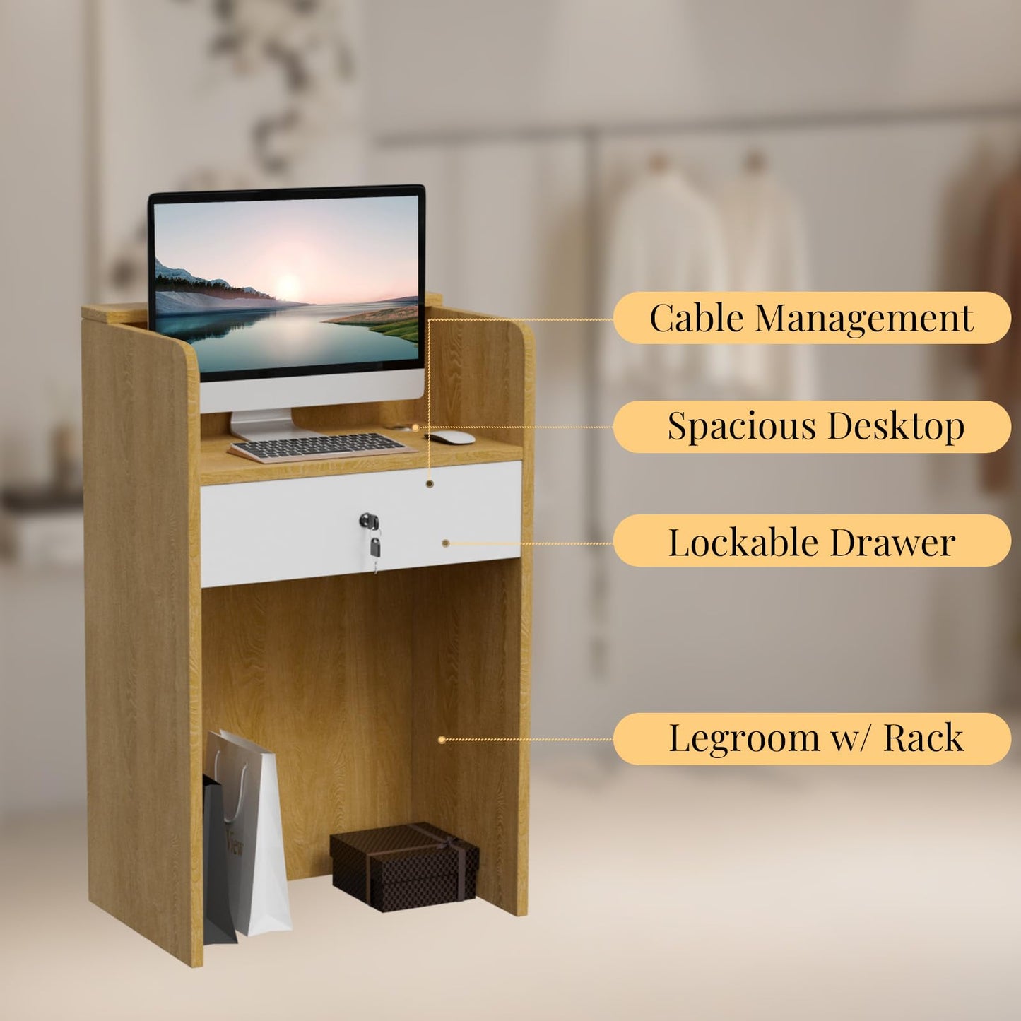 Small Reception Desk with Counter, Modern Front Desk with LED Light & Lockable Drawers, Checkout Counter, Retail Counter, Cash Register Stand for Salon, Lobby, Office, Retail, Natural, 23.6 Inch