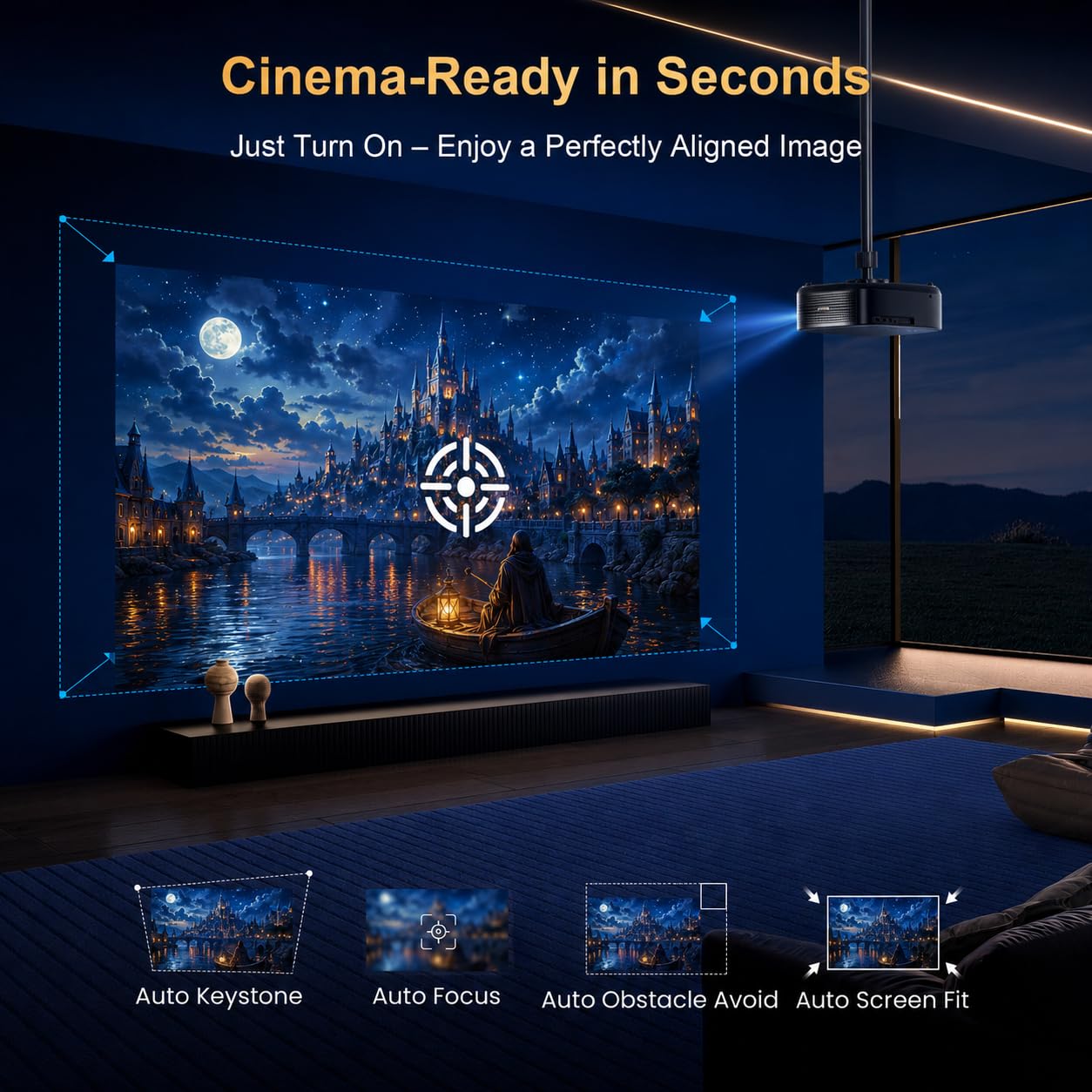 Alvar Projector 4K Support, Upgraded Smart Projector with 2500 ANSI, 50W Speakers, DoIby Audio, Built-in NetfIix App, Fully Automatic, WiFi 6 & Bluetooth 5.3 for Soccer Game/Home Theater/Outdoor Movie
