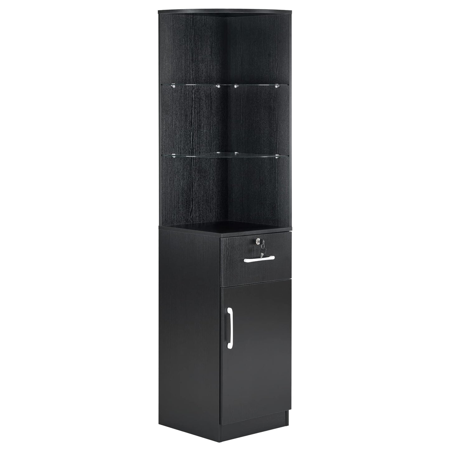 BarberPub Corner Salon Storage Cabinet with Door and Glass Shelves, Beauty Barber Equipment for Storage, 15.8" W x 69.9" H x 15.8" D 3200 (Black)