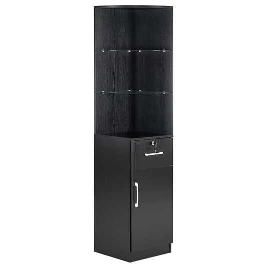 BarberPub Corner Salon Storage Cabinet with Door and Glass Shelves, Beauty Barber Equipment for Storage, 15.8" W x 69.9" H x 15.8" D 3200 (Black)