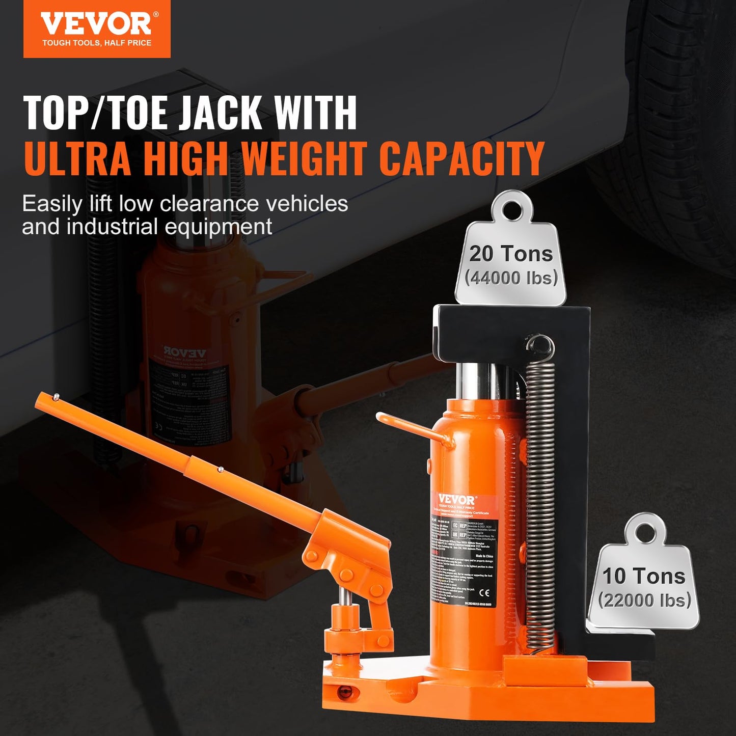 VEVOR Hydraulic Toe Jack, 10 Ton Lift, 20 Ton Capacity, 1.2-7.5 in Toe Height, 12.6-18.9 in Top Height, Air Hydraulic Claw Jack for Machinery