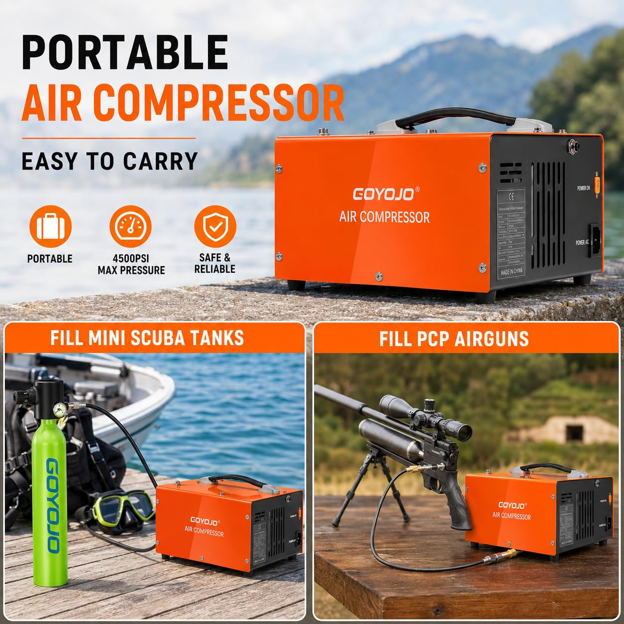 PCP Air Compressor, 4500 PSI/30MPa, Dual Power 12V DC/110V-230V AC, Auto Shut-Off, Portable High Pressure Pump for Airgun Paintball Scuba Tank
