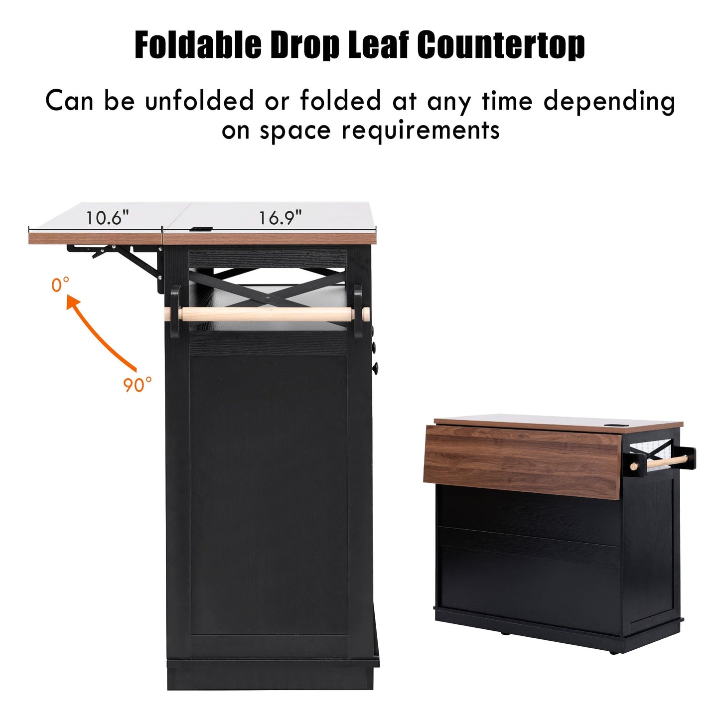 Merax Farmhouse Rolling Kitchen Island on Wheels with Drop Leaf & Power Outlet, Wood Kitchen Cart on Wheels with Drape of Beads, 3 Drawers & Adjustable Iron Shelves, 46.5'' Wide, Black