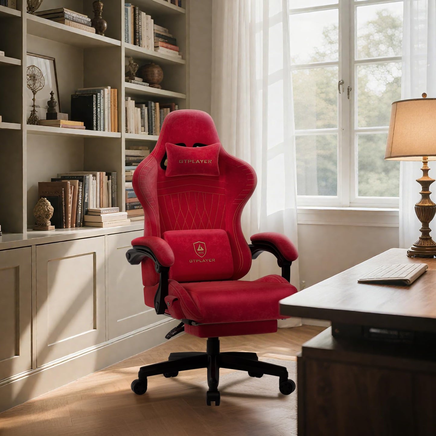 GTPLAYER ACE-PRO Music Gaming Chairs – Built-in Speakers, App Support & Bluetooth Control, Computer Game Chairs with Footrest for Adults, Ergonomic, Reclining, Linkage Armrest, Cherry Red 【Velvet】