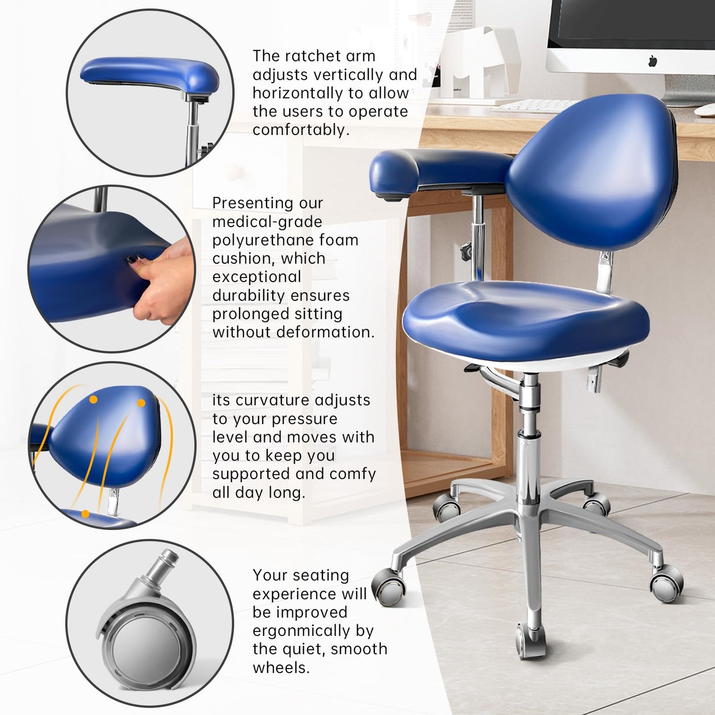 Dental Assistant Chair PU Leather with Swivel Armrests, Rolling Dental Chair, Ergonomic Swivel Dentist's Stool with Backrest for Clinics, Tattoo, Home and Laboratory - Blue