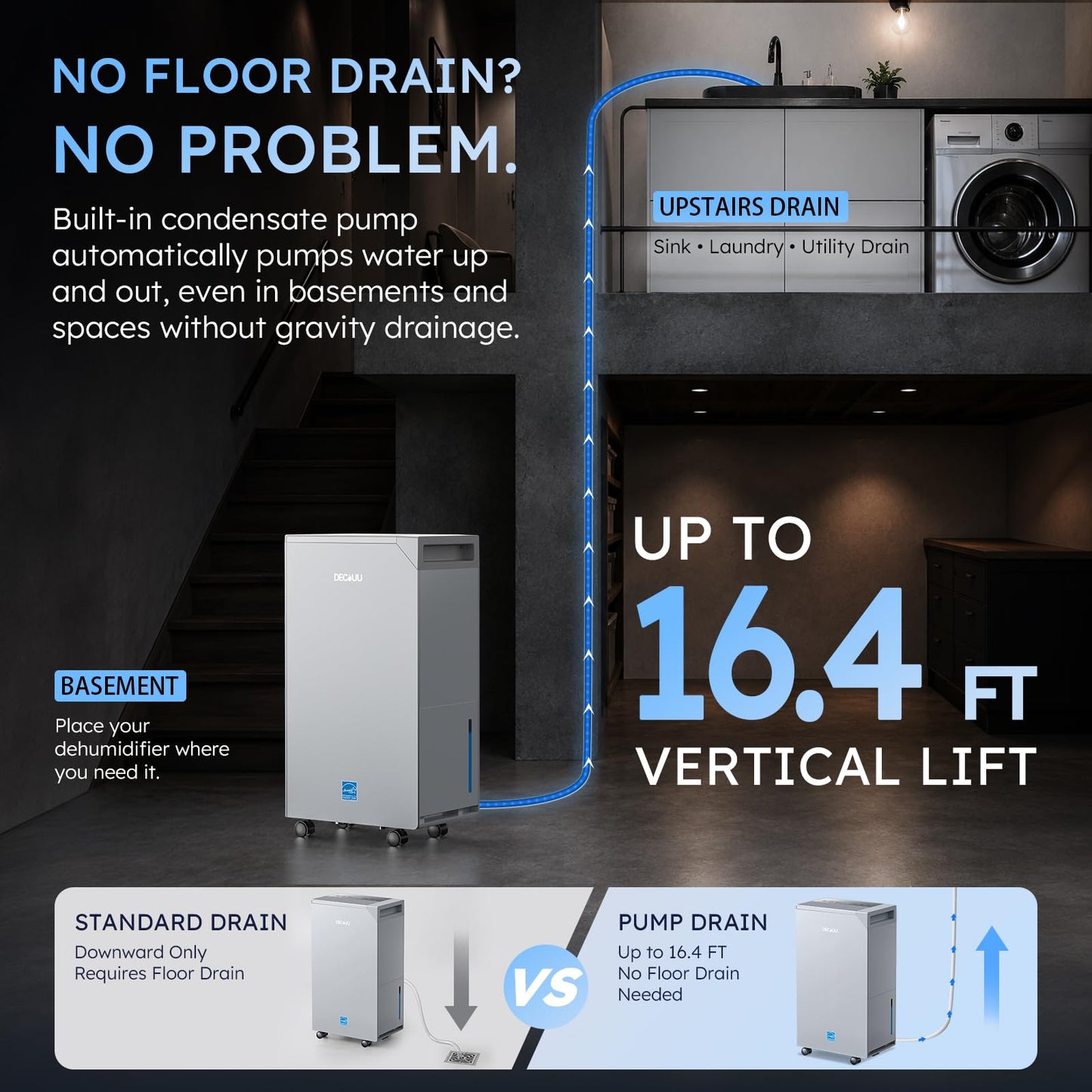 DECIUU 5000 Sq.Ft Dehumidifier with Pump, Up to 16.4 Ft Vertical Drainage, ENERGY STAR Most Efficient 2024, Max 100 Pint Moisture Removal, Smart Humidity Control for Basement, Home & Garage