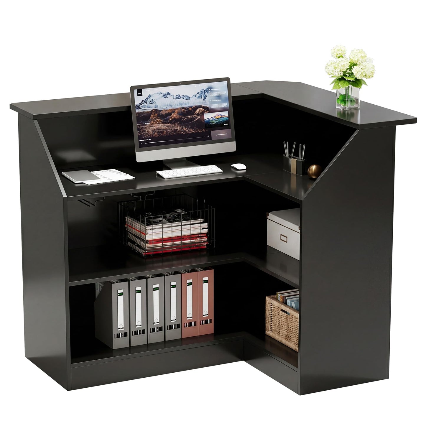 Tribesigns L-Shaped Reception Desk, Modern Black Front Counter with 2-Tier Storage & Stemware Rack, Elegant Office Reception Desk for Lobby, Business Area