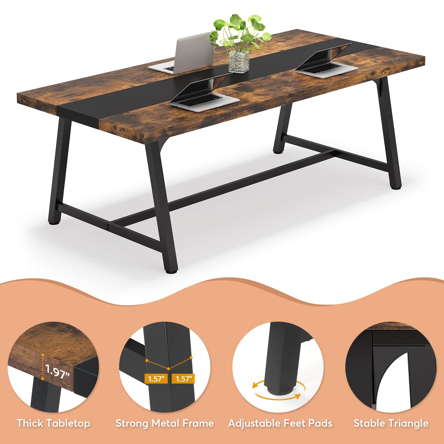 Tribesigns 6FT Rectangle Conference Table, 70.87L x 33.46W x 29.92H Inches Meeting Table for Conference Room, Wood Office Executive Desk with Strong Metal Frame for 6 People, Brown