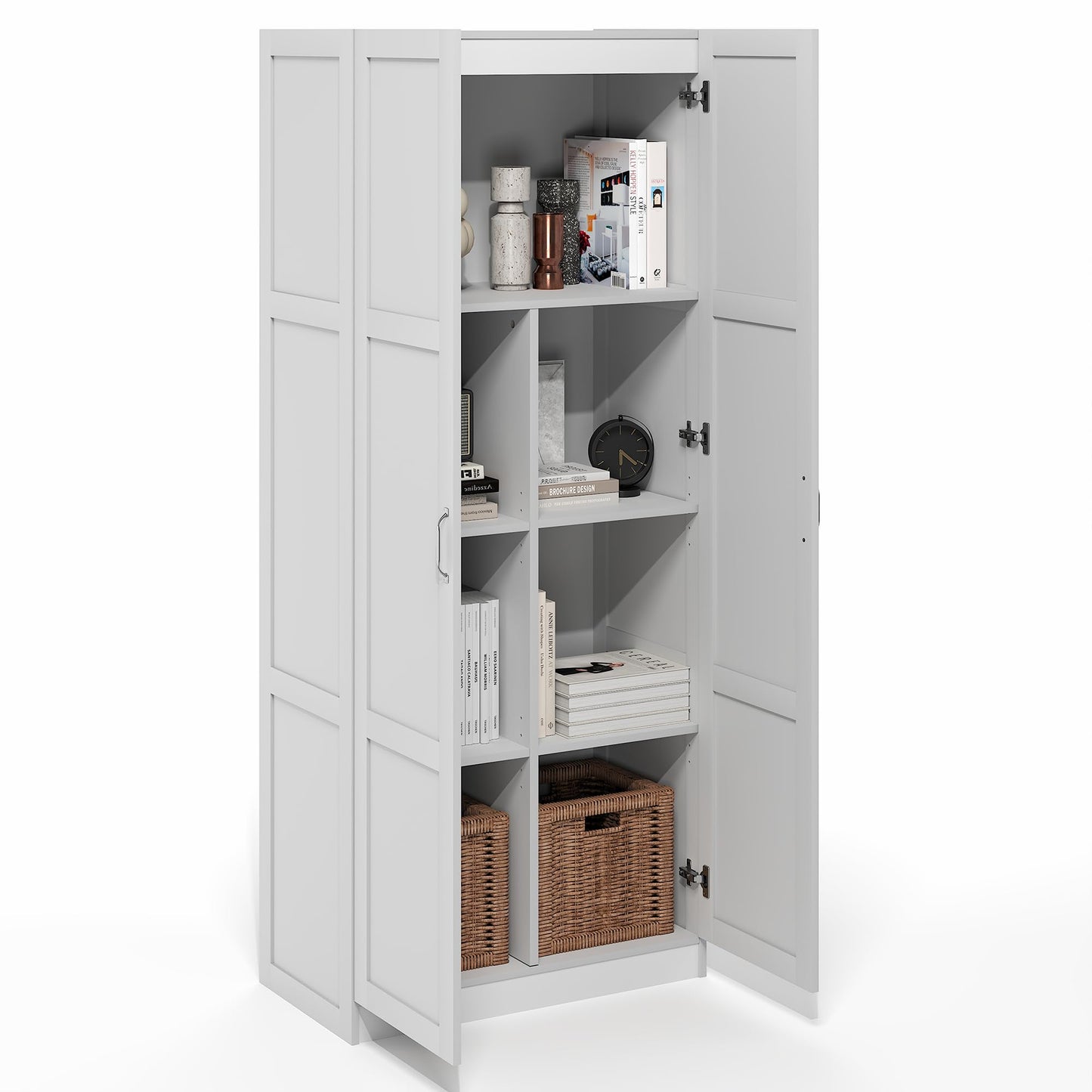 Furinno Robin 4-Tier White Storage Cabinet, 30-Inch Pantry Cabinet with Adjustable Shelves & 2 Shaker-Doors, Kitchen Cabinet, Organization and Storage, for Pantry, Home Office, Plain White