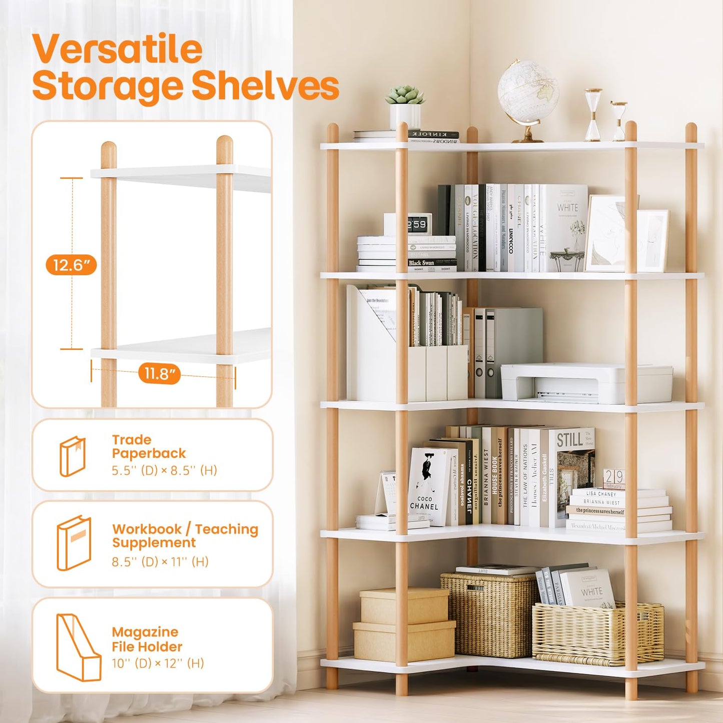 LUSHF L-Shaped Open Corner Bookshelf - 5-Tier Freestanding Bookcase, White