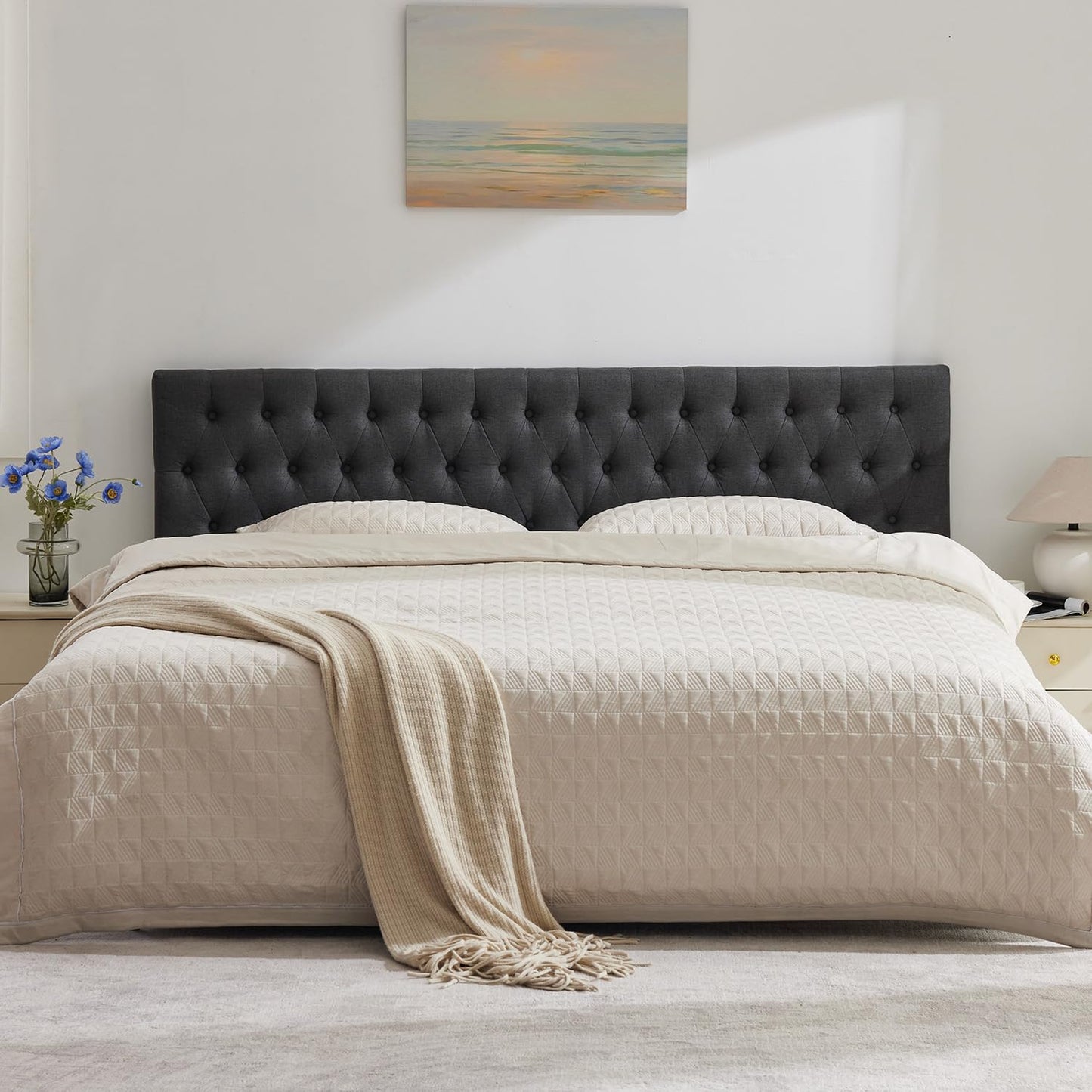 Kingfun Tufted Upholstered King Size Bed Headboard in Modern Button Design, Adjustable Solid Wood Head Board, Premium Linen Fabric Padded Headboards in Bedroom (Dark Grey)