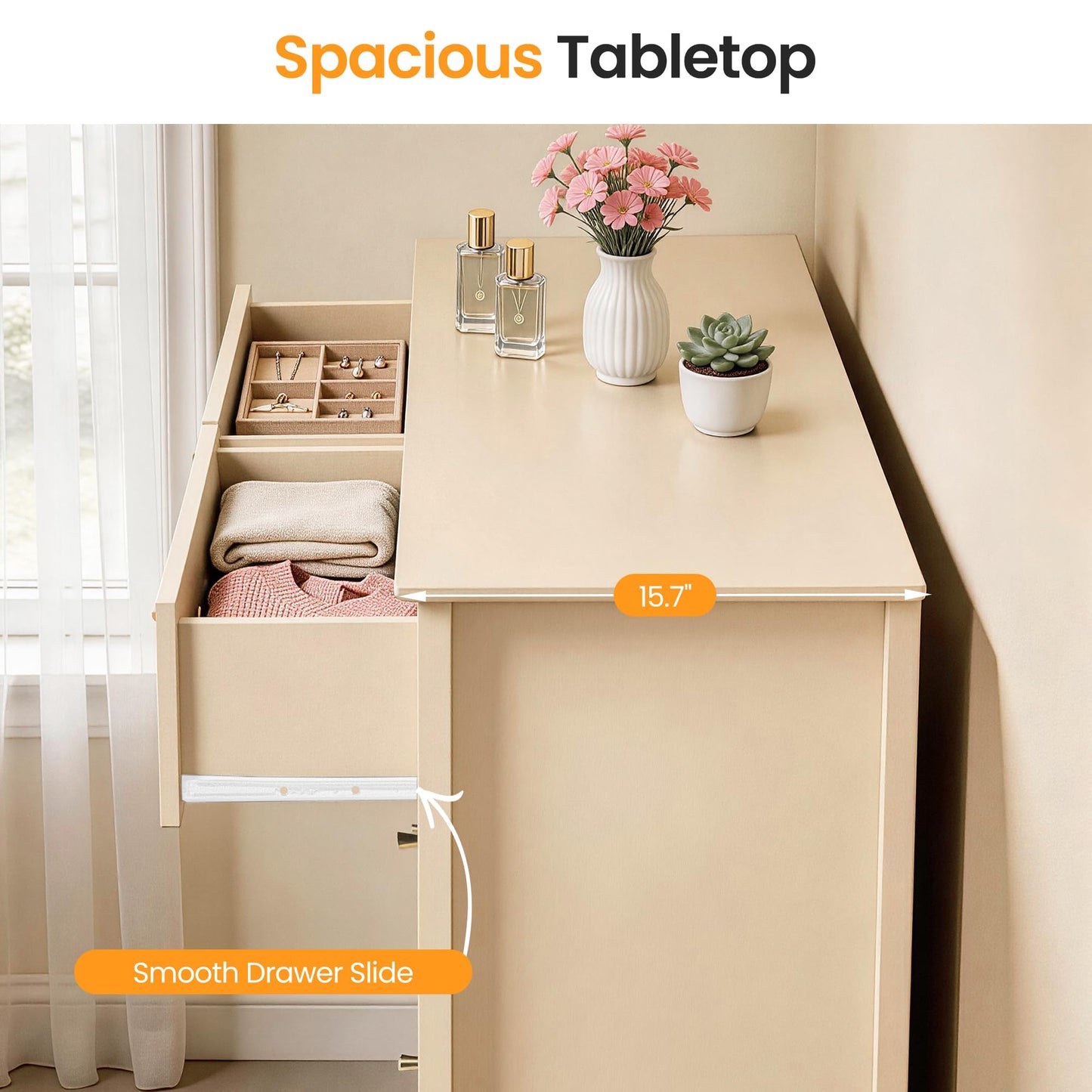 RoyalCraft Beige 6 Drawer Dresser, Fluted Modern Wood Chest of Drawers, Long Dresser for Bedroom TV Stand Storage Cabinet for Living Room