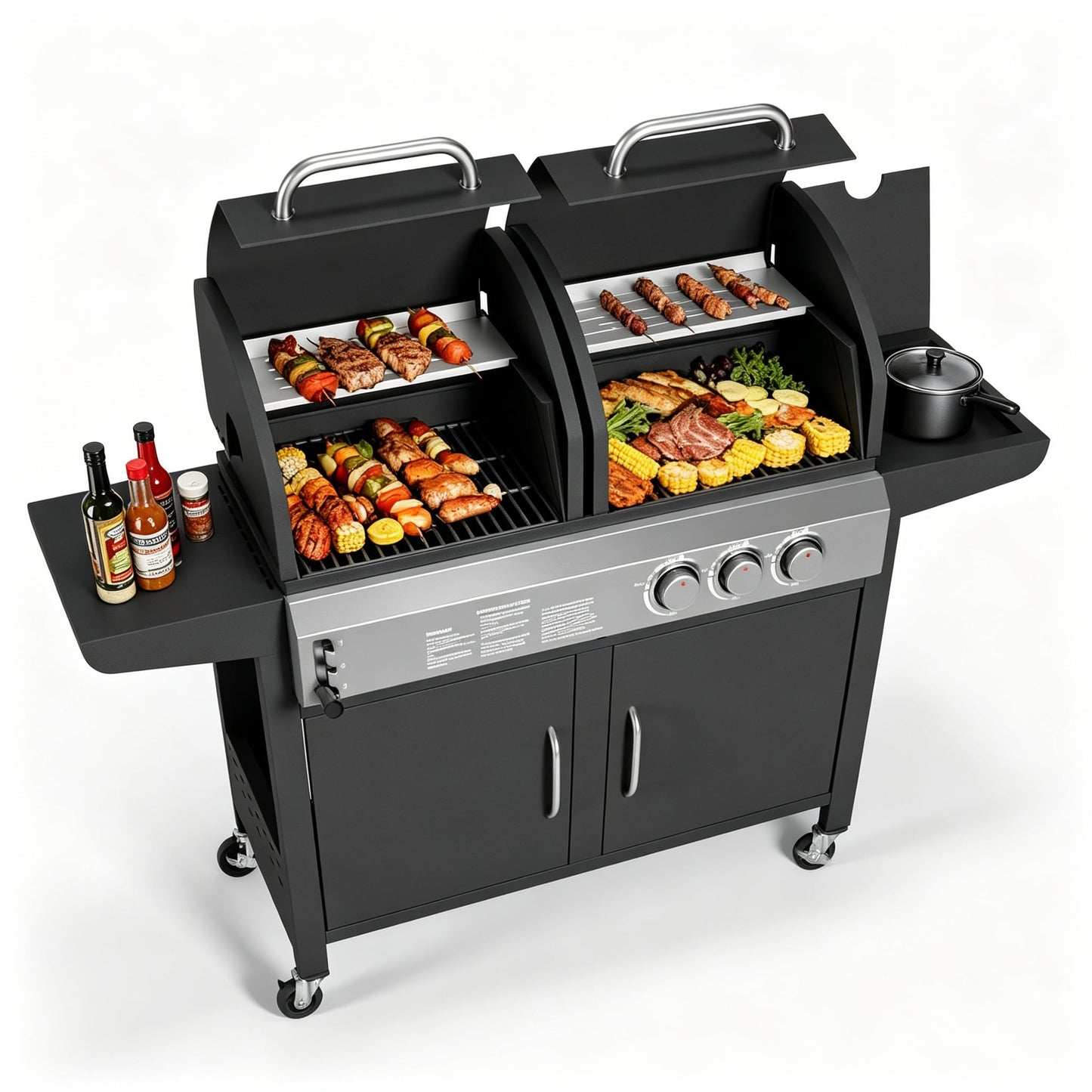 Charcoal and Propane Gas Grill Combo with Side Burner & Porcelain-Enameled Cast Iron Grate, 24,000 BTU Dual Fuel BBQ Grill for Backyard, Outdoor, Patio, Camping, 690 SQIN Cooking Area