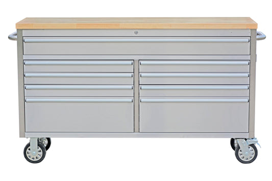 Heavy Duty 61" Tool Chest Cabinet, Mobile Garage Workbench with 9 Drawers and Power Strip, Rubber Wood Worktop, 1675 LBS Load, Rolling Tool Storage Organizer for Mechanic, Shop or Home Use