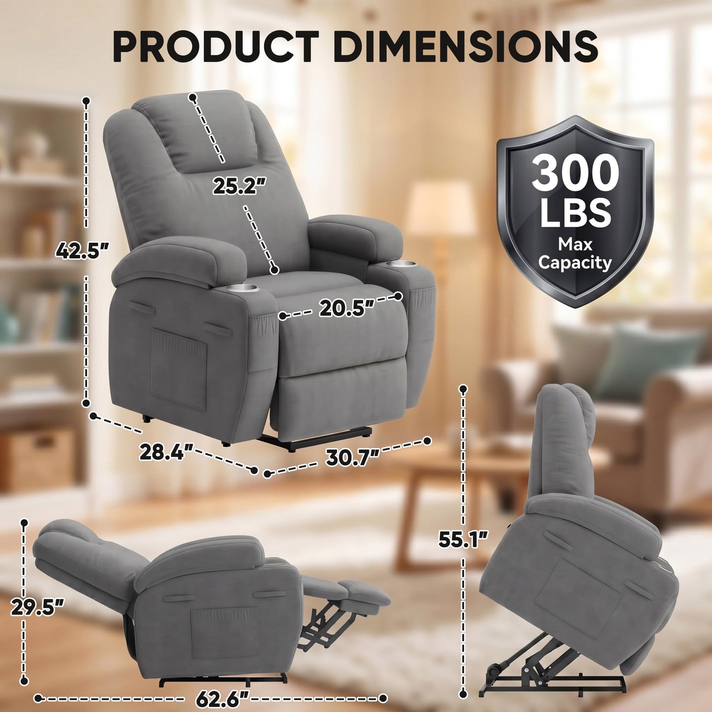 Flamaker Power Lift Chair Massage Recliner Chairs for Elderly - Ergonomic Design with Cup Holders & Side Pockets, Remote Control (Gray)