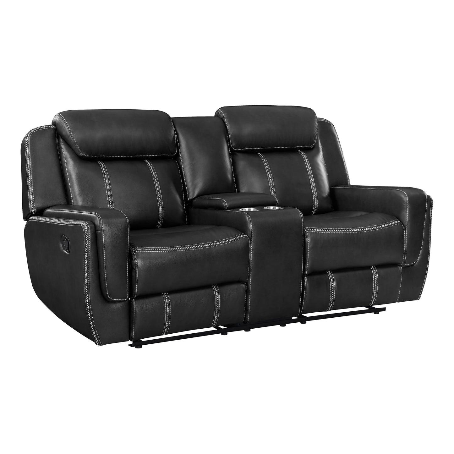 Lexicon Modern Double Reclining Loveseat, Faux Leather Recliner Loveseat With Headrest, Center Console, Receptacles and USB Ports, Manual Recliner Loveseat Sofa For Living Room/Office/Apartment, Black