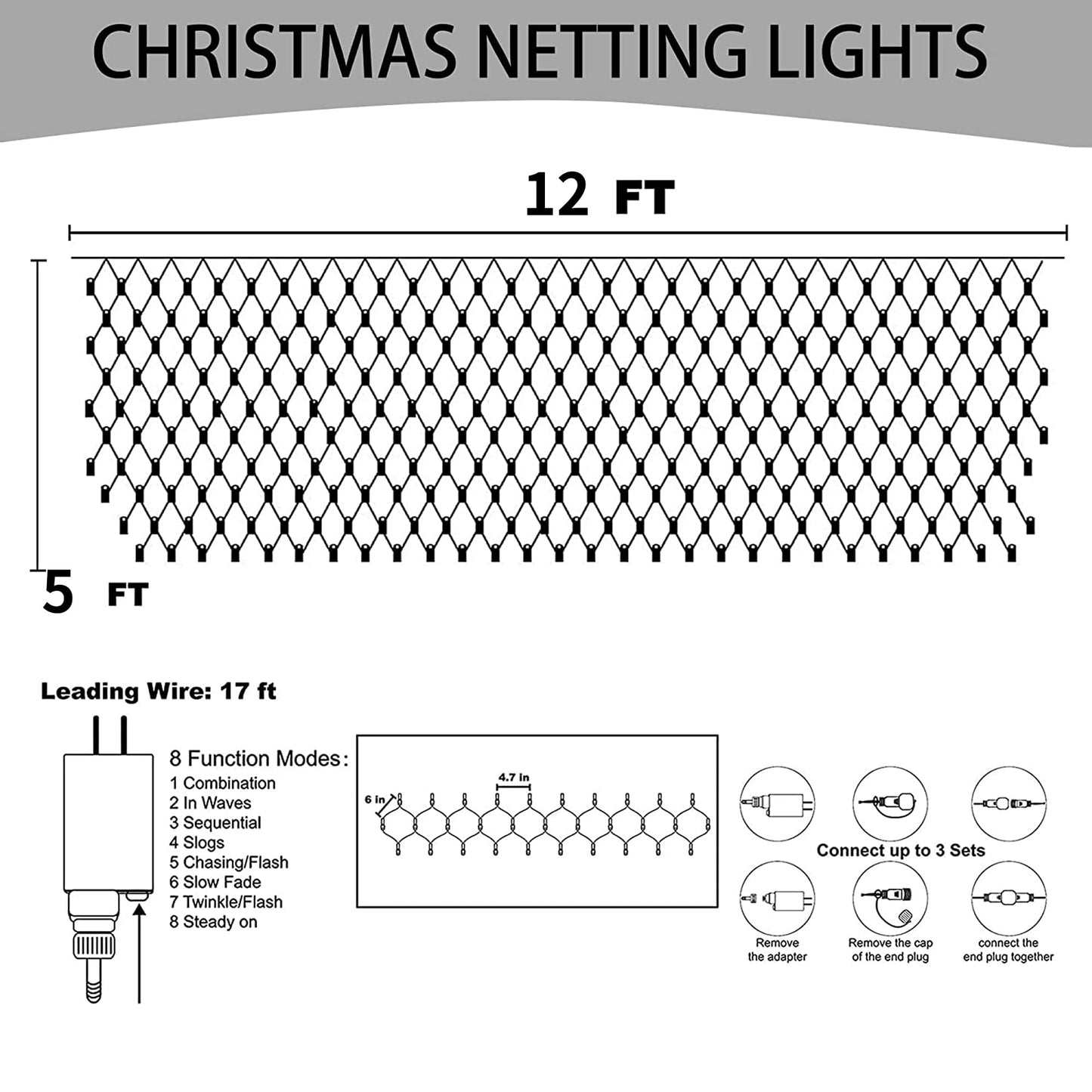 Dazzle Bright 360 LED Net Lights, 12FT x 5FT, Waterproof, 8 Modes, White, Model HB-360WCOI